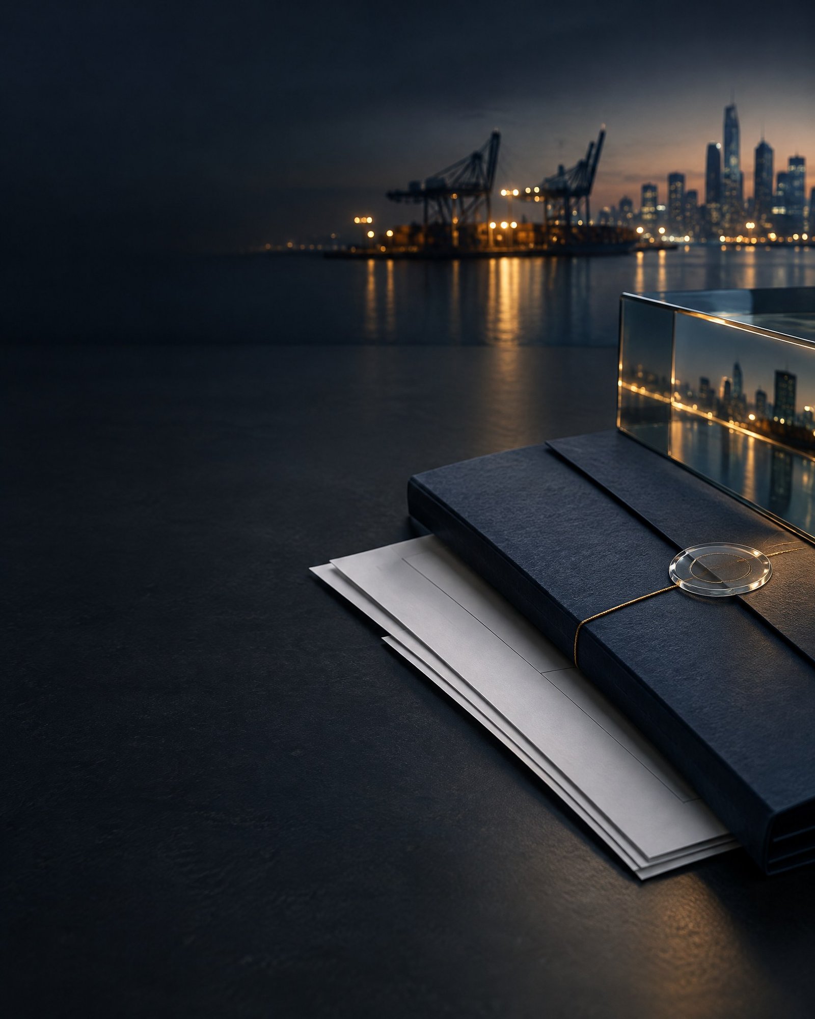 Unbranded trade documents and a security seal against a cross-border port and financial-city backdrop.