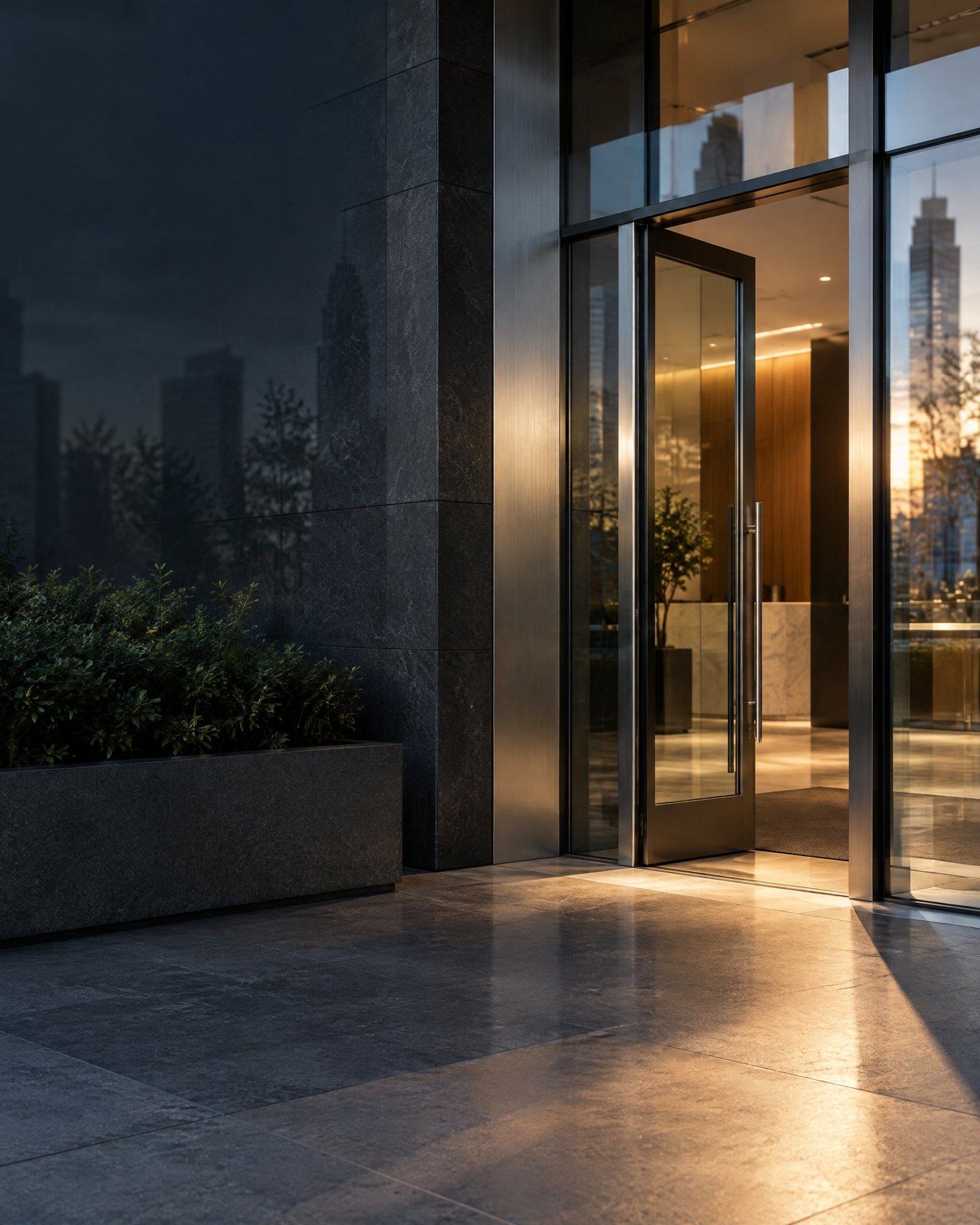 Light falling across the entrance of a modern commercial building.