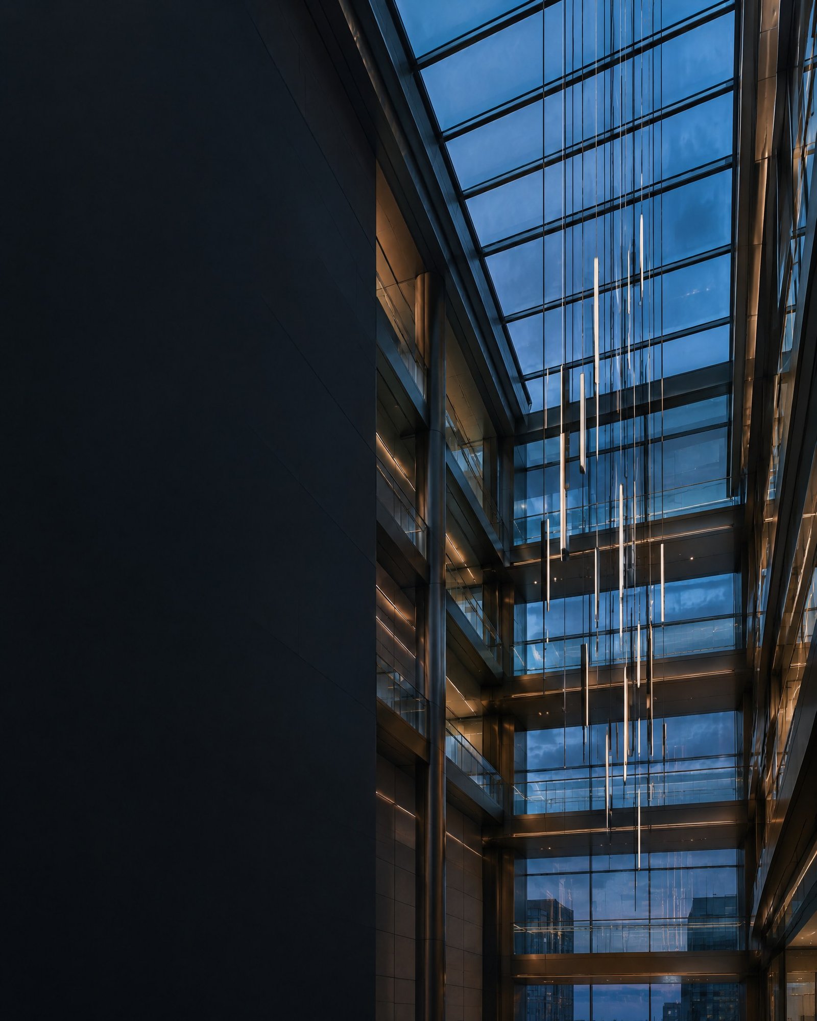 Contemporary glass atrium with a suspended linear installation, suggesting connected cross-border planning.
