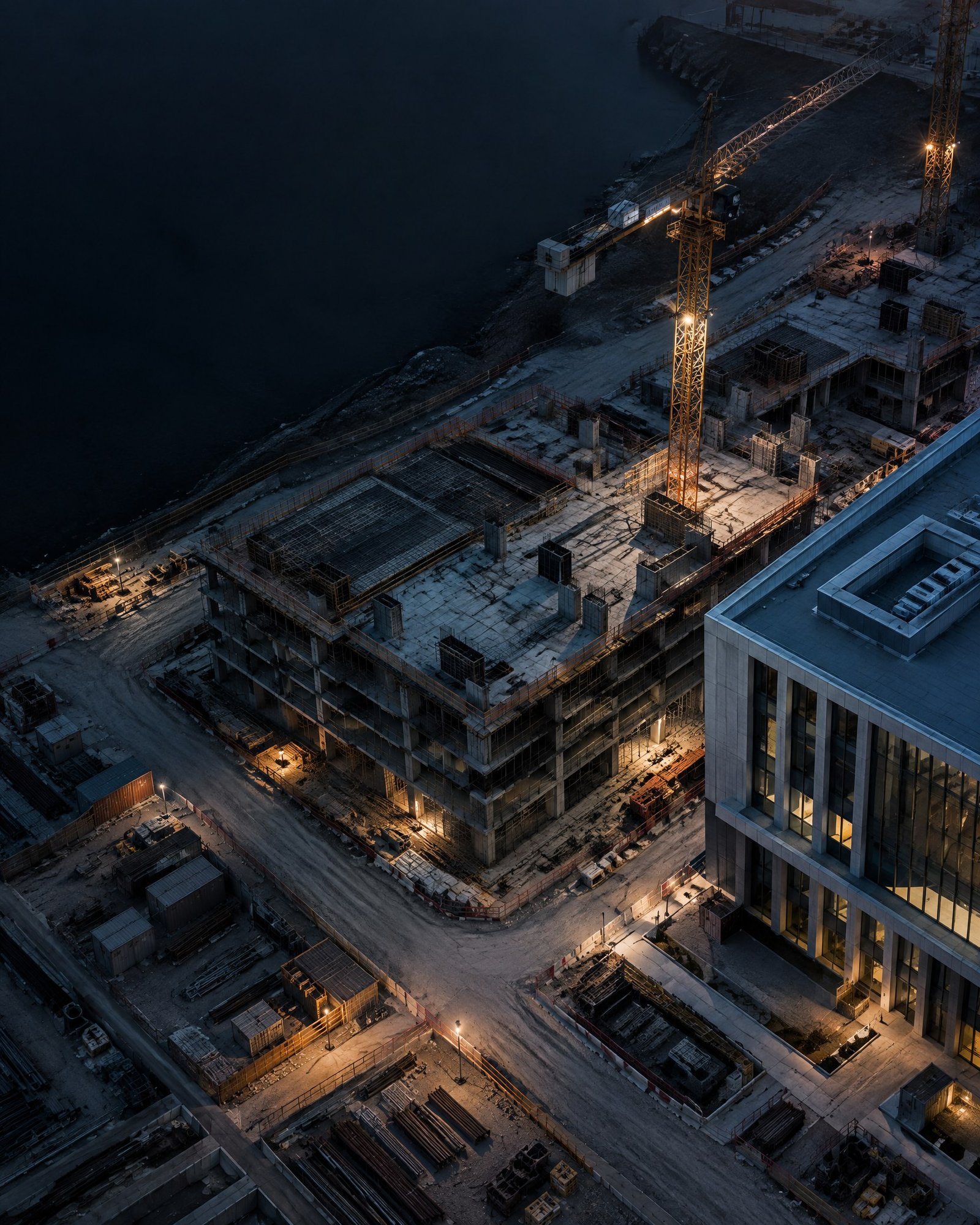 Aerial view of geometric structures and access routes at a contemporary construction site.