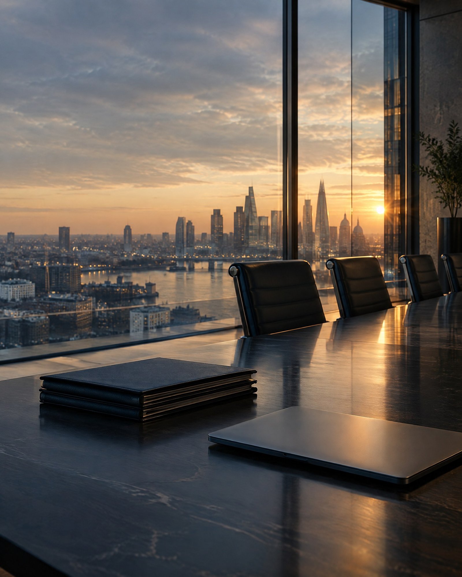 Empty glass-walled boardroom with unbranded documents prepared for a workforce dispute meeting.