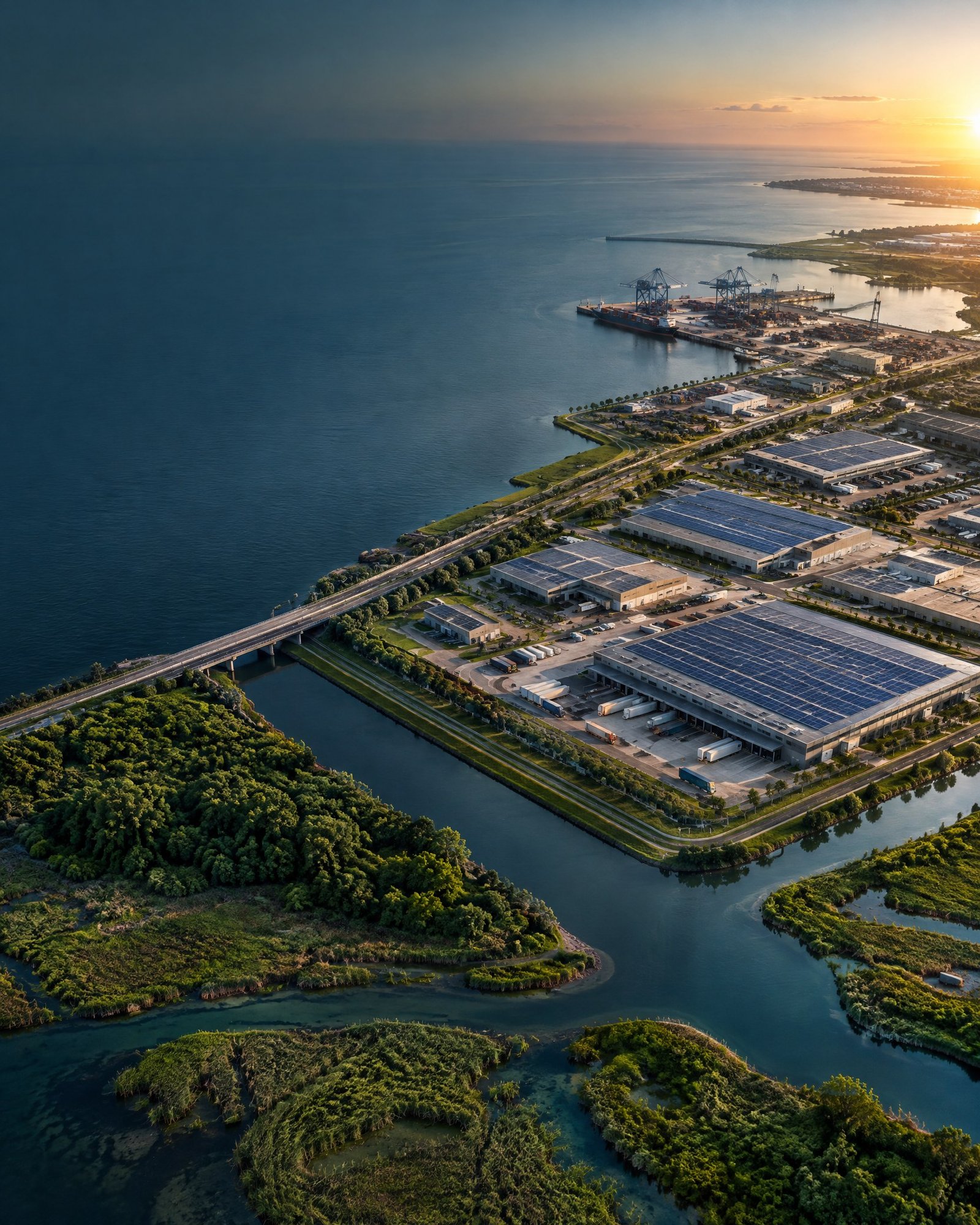 Aerial view of transport infrastructure, managed water channels and wetlands beside an industrial district.