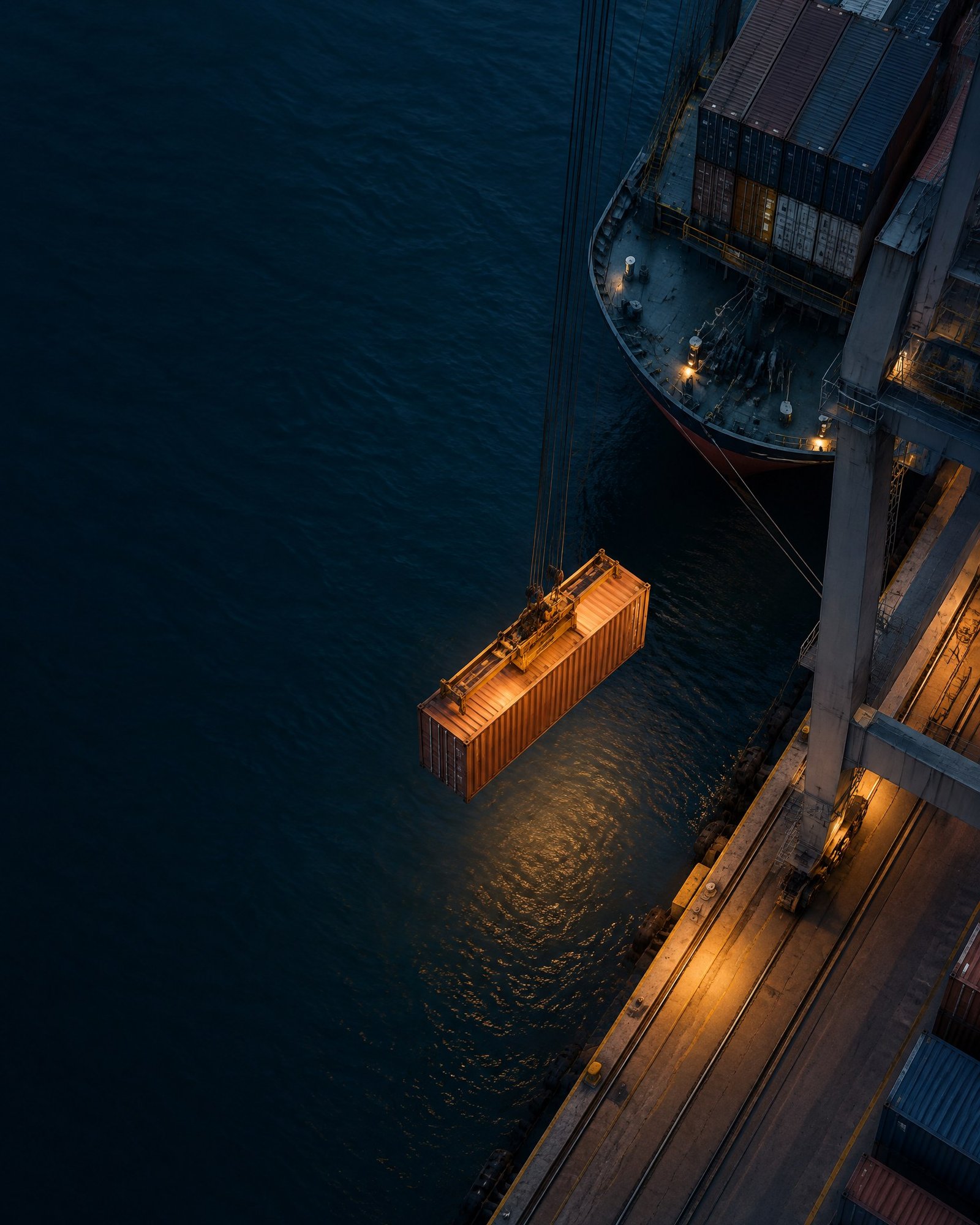 An unbranded shipping container moving between a vessel and quay at blue hour.