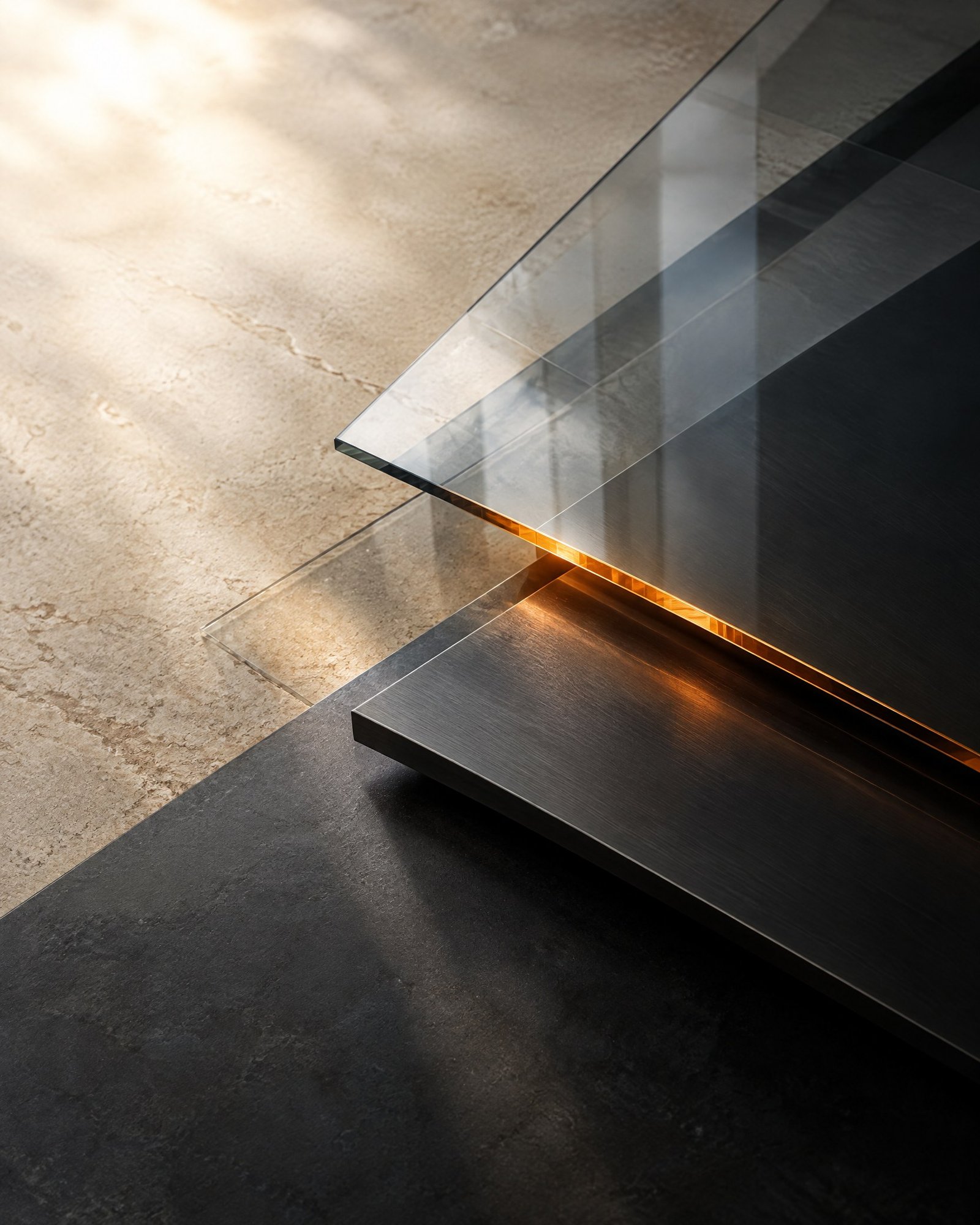 Abstract layered glass and metal forms creating a point of tension.