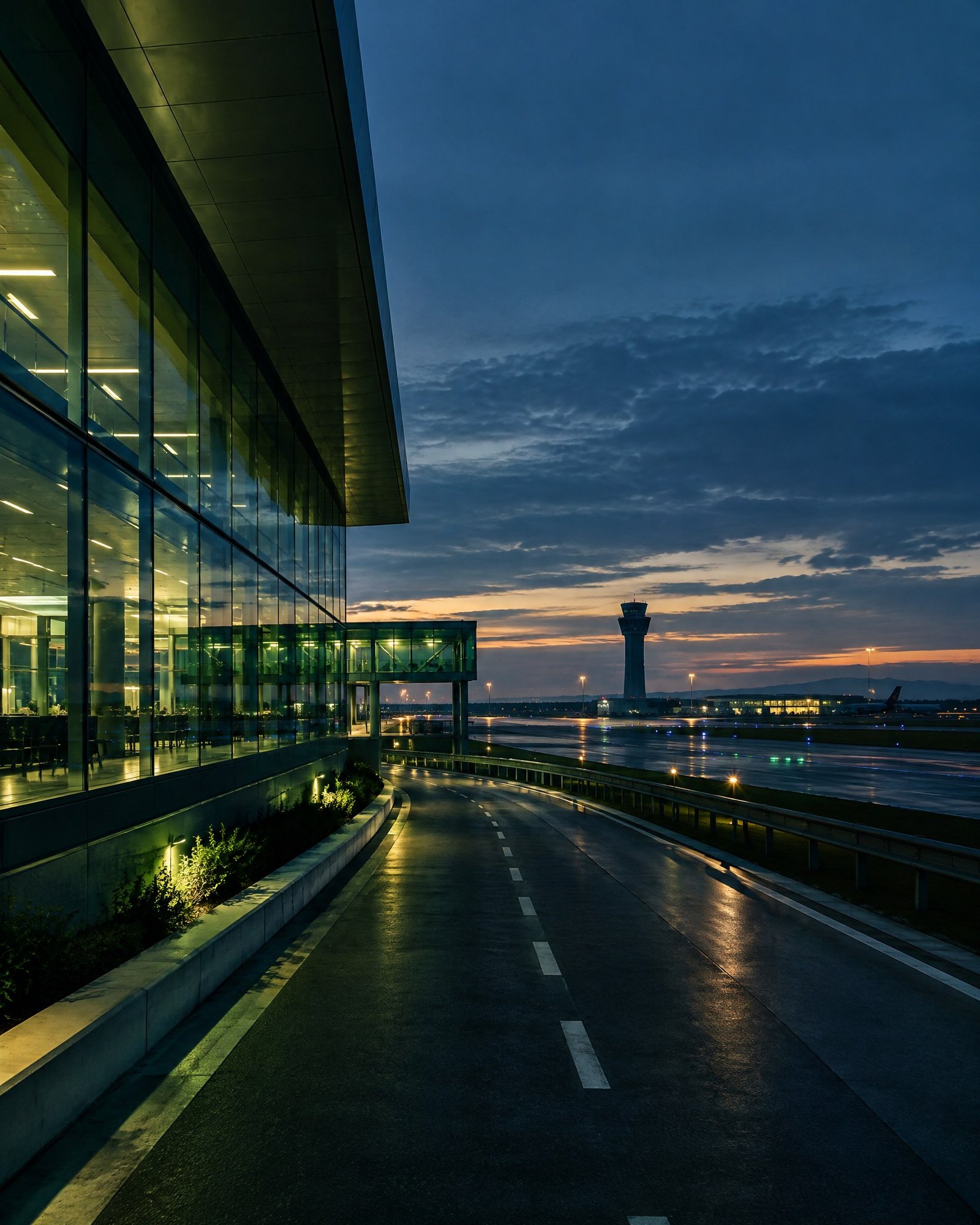 Airport terminal and airfield access road representing aviation regulation and airport projects