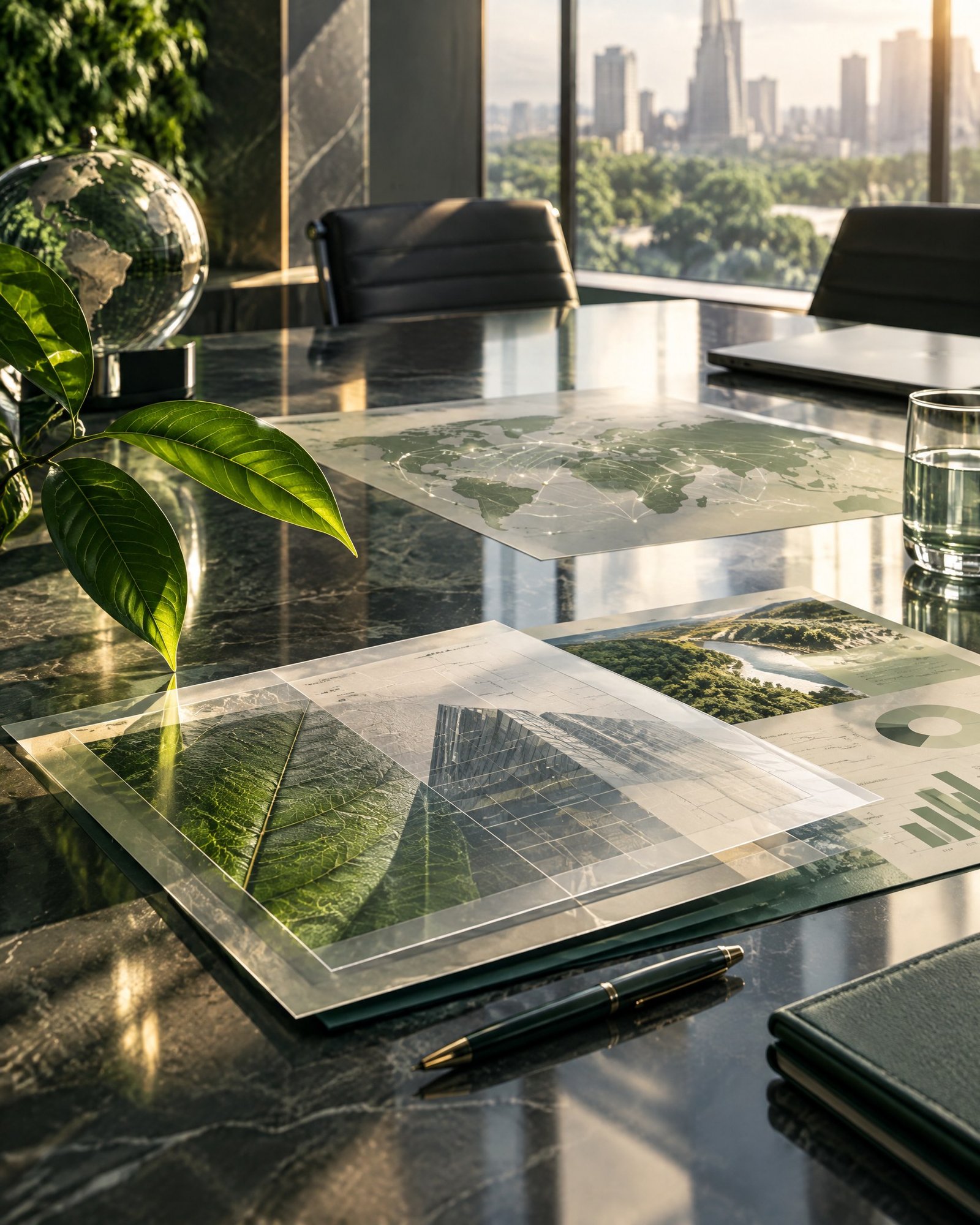Editorial view of documents, a green leaf and architectural lines representing climate and ESG governance in corporate finance