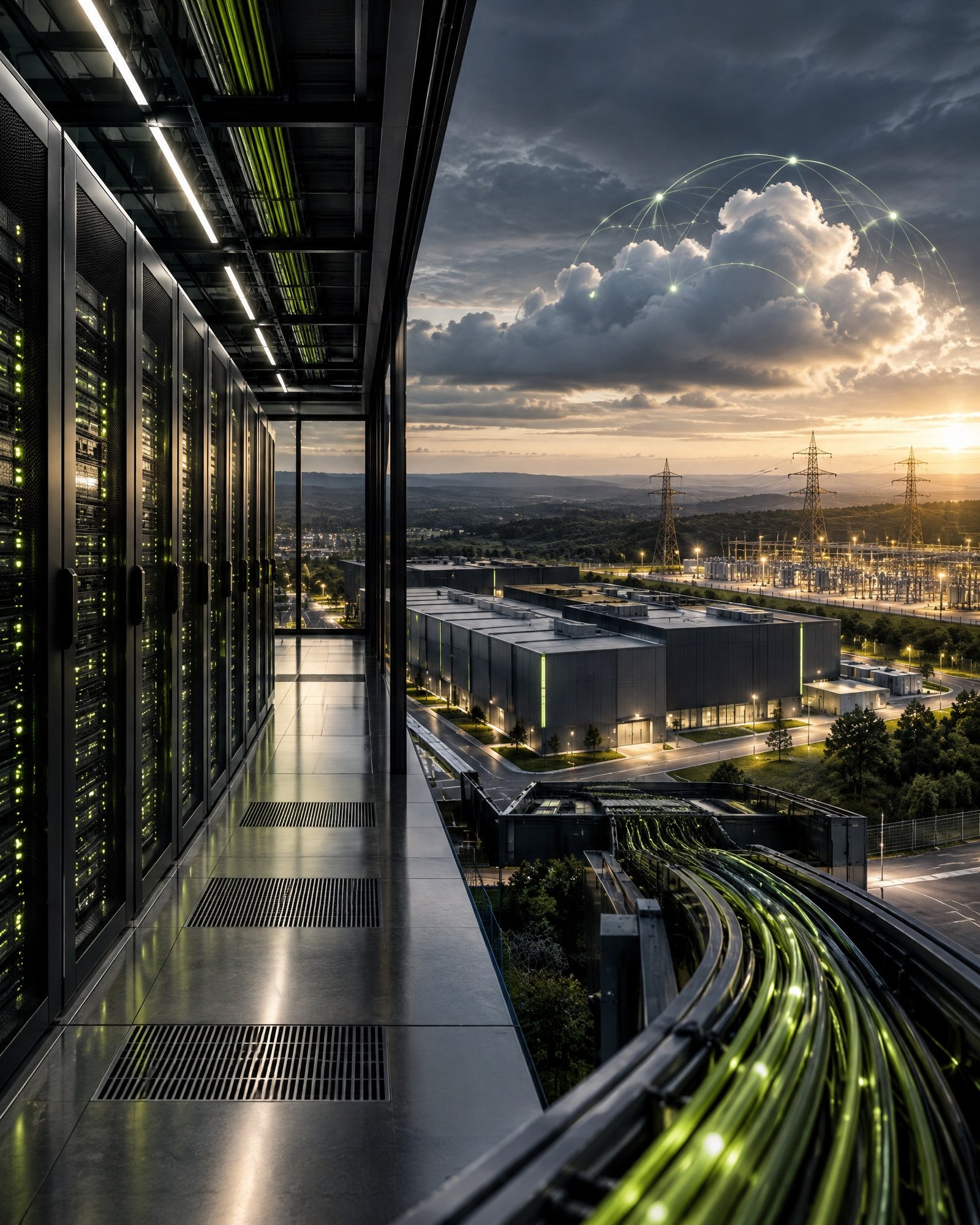 Editorial view of data-centre infrastructure with server halls, fibre connectivity and utility systems