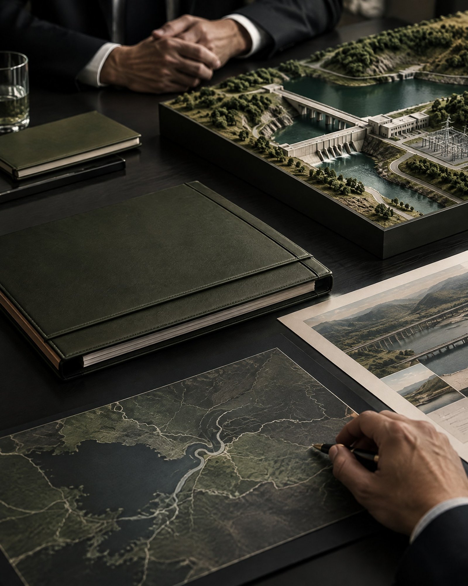 Editorial view of development-finance documents and an infrastructure model in dark lime and ivory tones