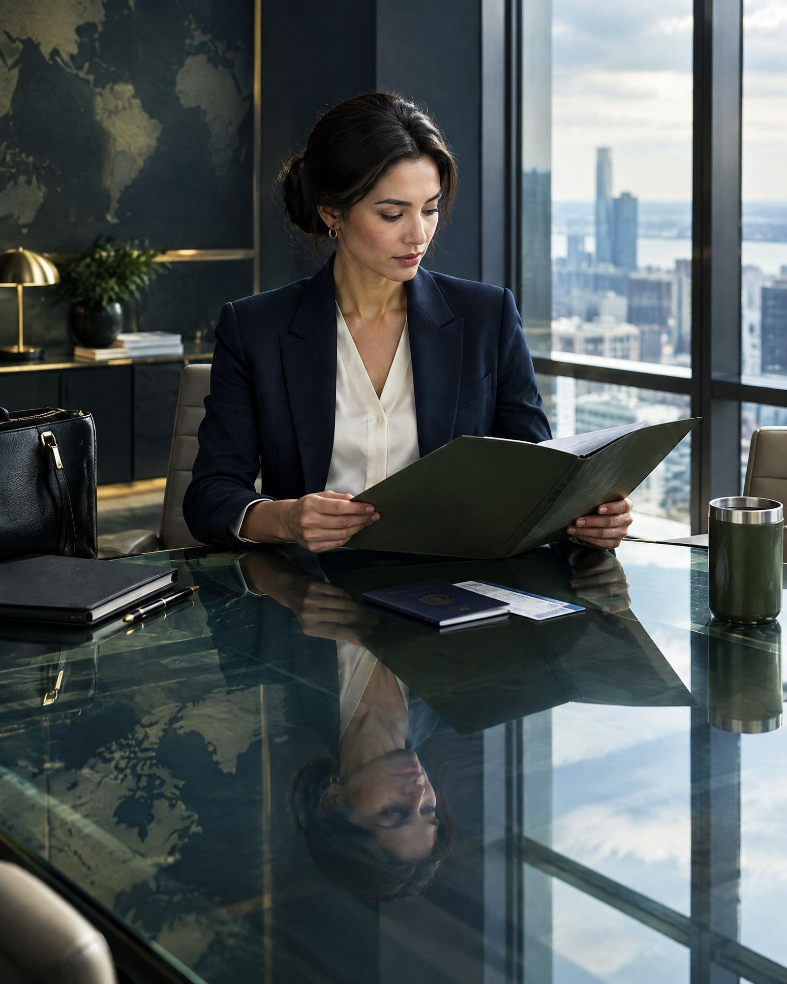 Professionals reviewing cross-border mobility documents in a modern meeting setting