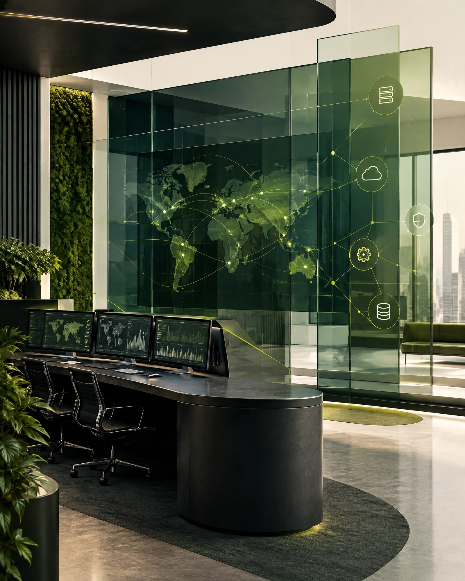 Abstract editorial view of connected service operations and managed infrastructure in dark, lime and ivory tones