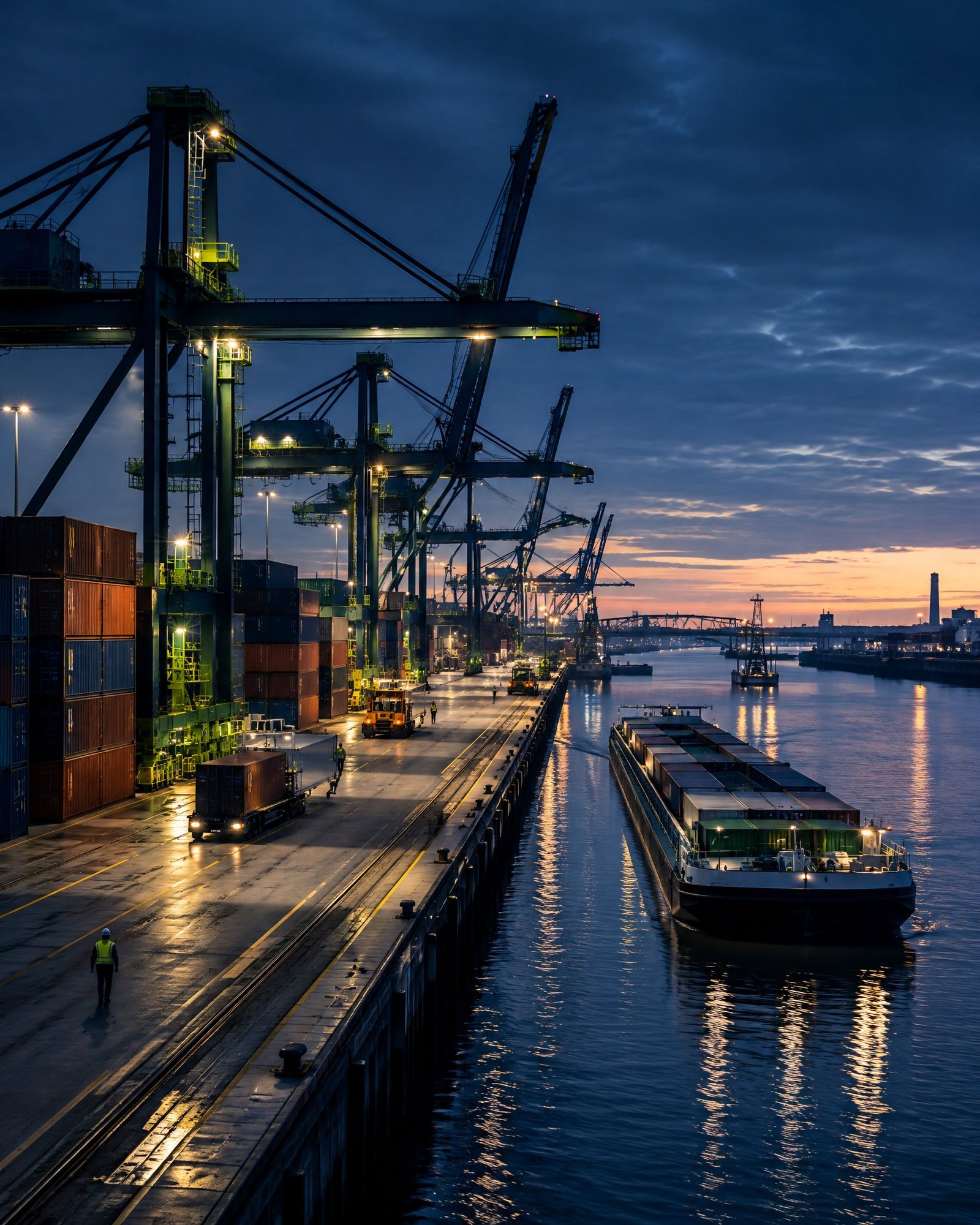 Container terminal, quay and inland-waterway infrastructure viewed at blue hour