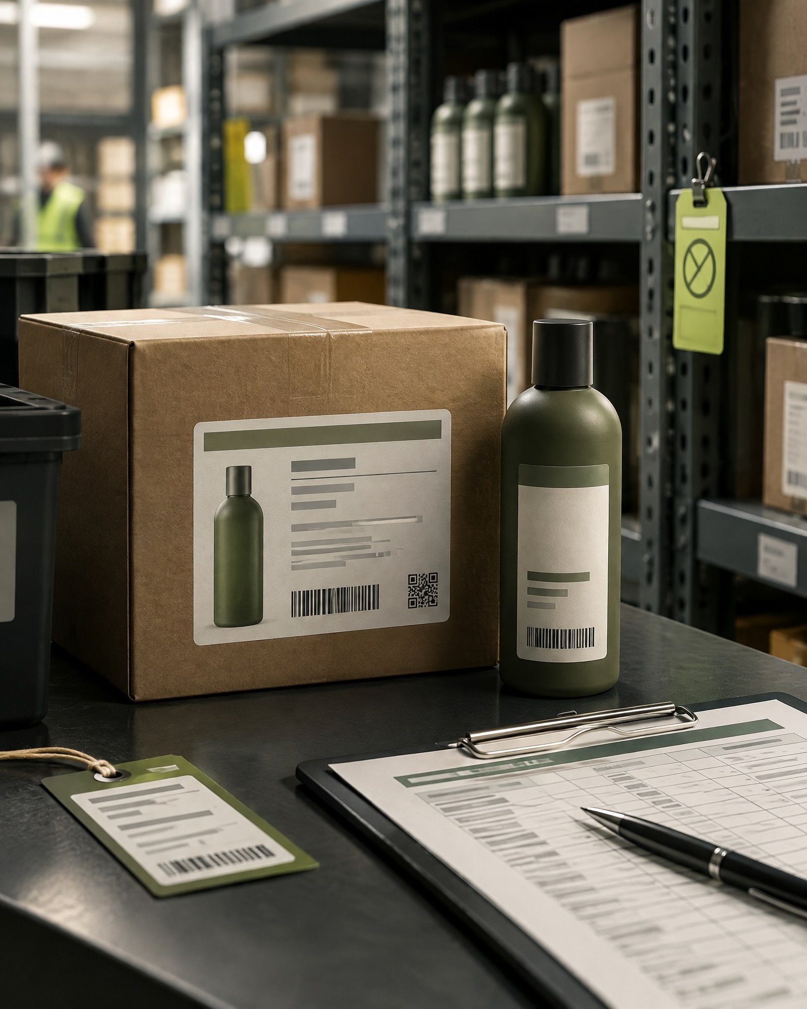 Unbranded consumer product, carton and batch records arranged for product-safety and recall review