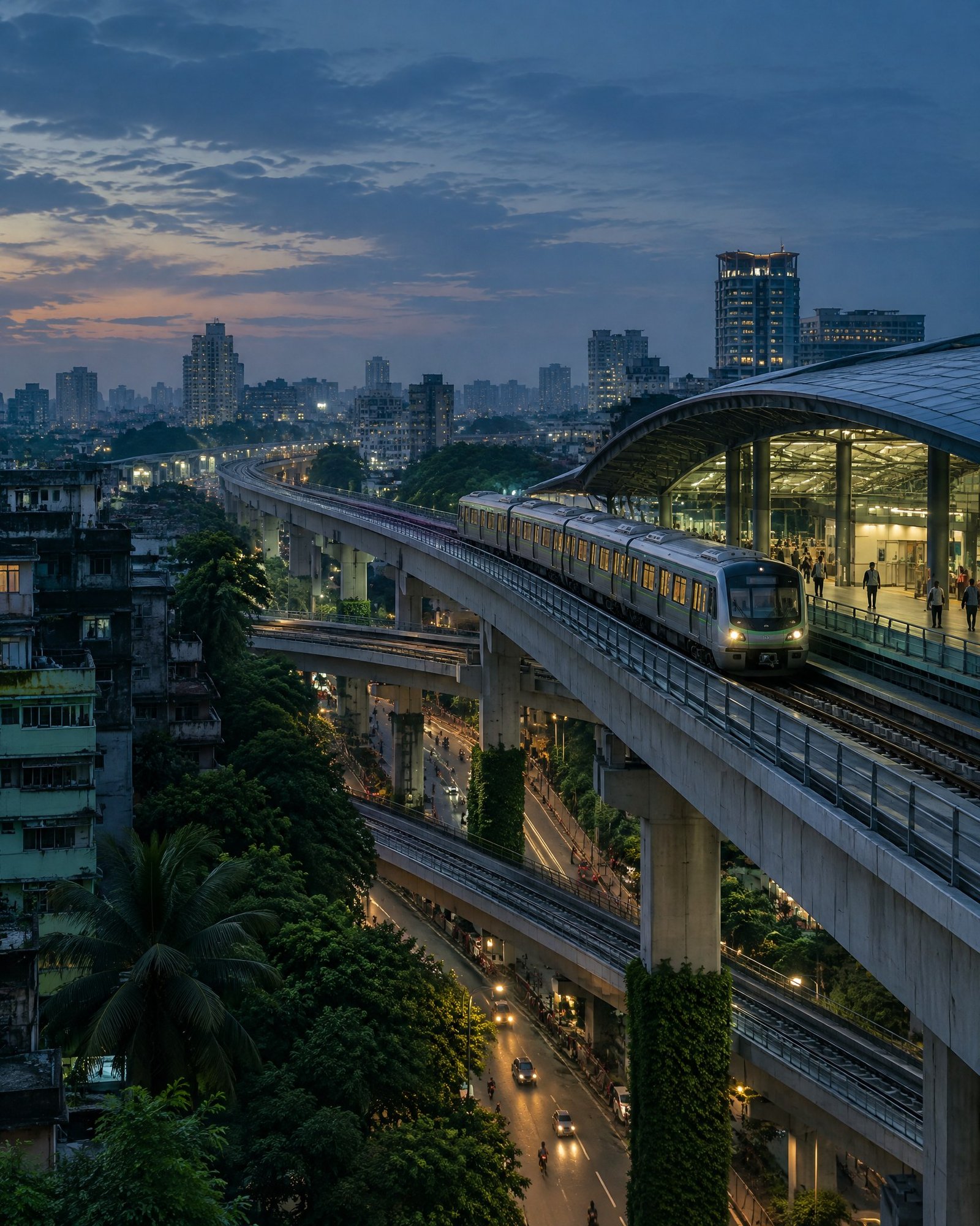 Elevated metro line and station infrastructure integrated into a dense urban landscape at dusk