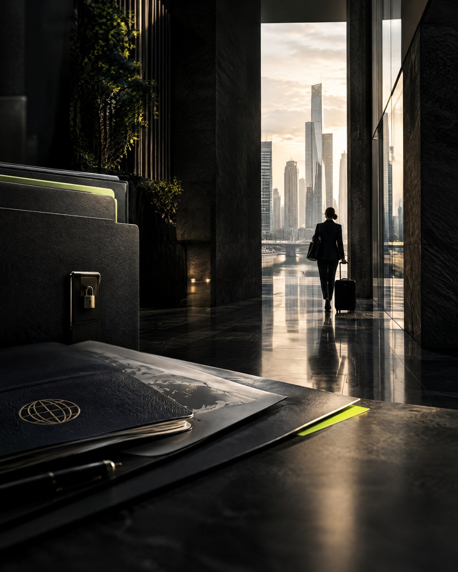 Editorial view of a secure business corridor with city light, evoking employee mobility and confidential information protection