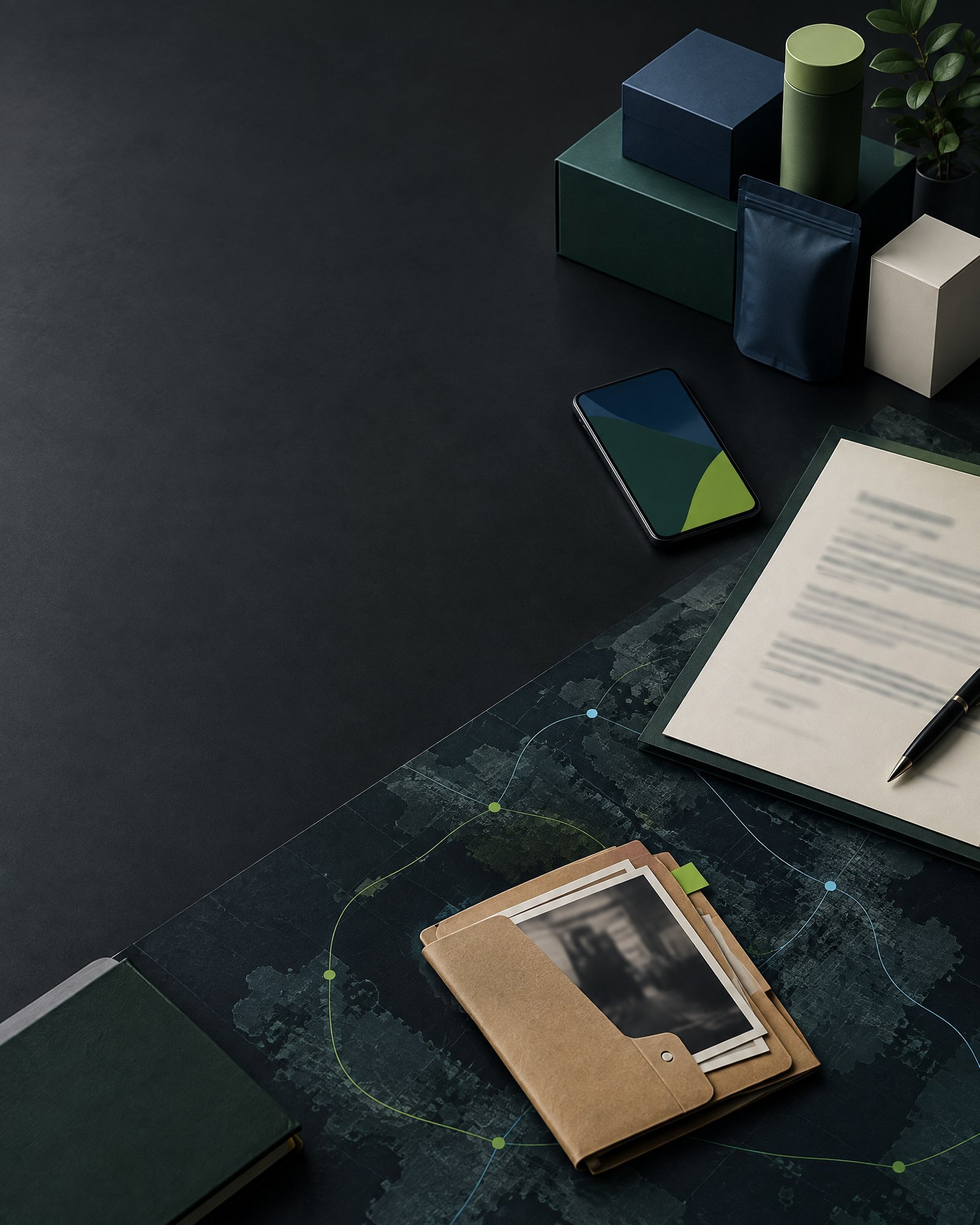 Editorial campaign-review desk with abstract digital communications, evidence materials and cross-border route lines in a dark premium palette.
