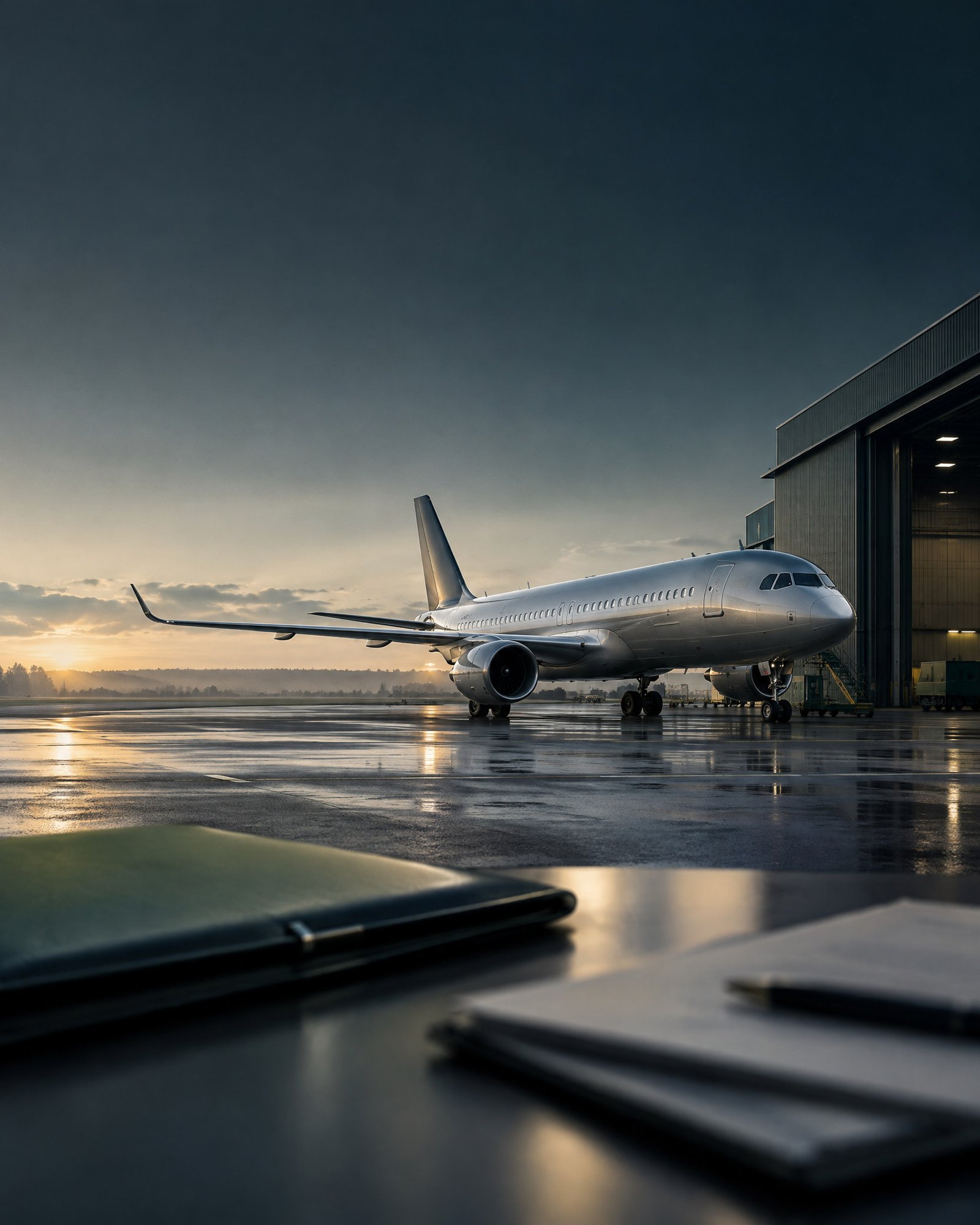 Commercial aircraft on a quiet apron beside hangar architecture, with dark negative space and abstract finance documents suggesting aircraft finance and leasing.