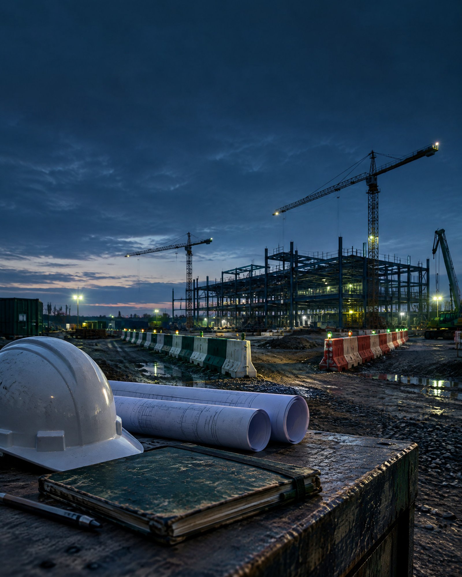 Partially completed construction project at blue hour with plans, hard hat and site ledger in a dark editorial composition