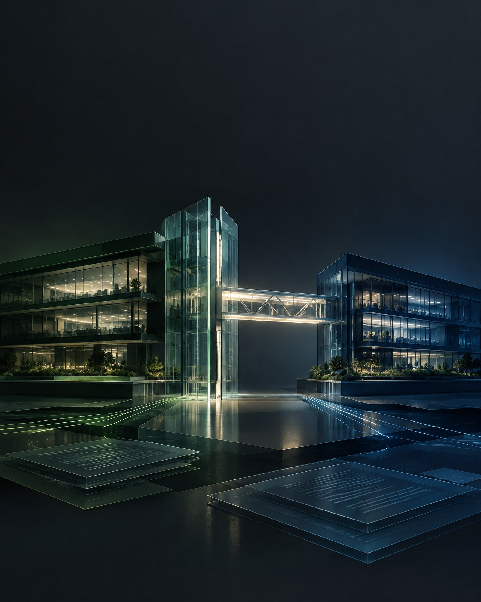 Abstract glass-and-steel structures separating with a temporary illuminated bridge for corporate carve-out planning