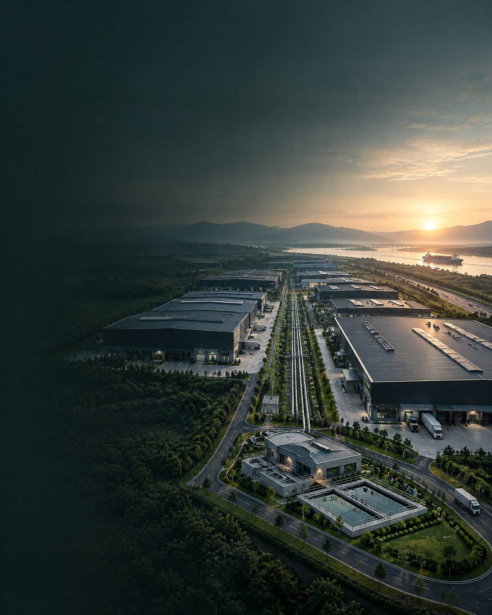 Contemporary multi-tenant industrial park with shared utilities, factory halls and landscaped internal roads at dawn