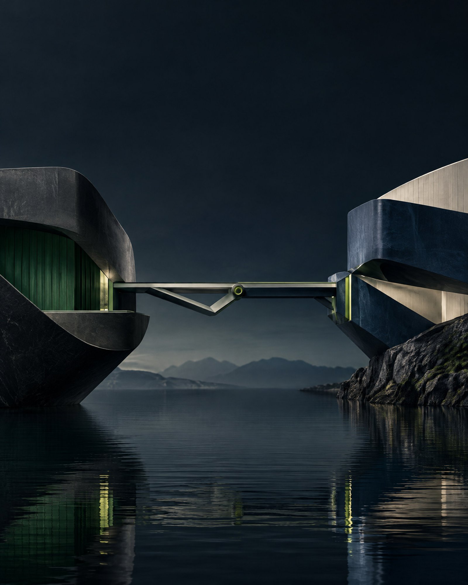 Abstract architectural forms joined by a precise bridge-like connection in a dark editorial composition