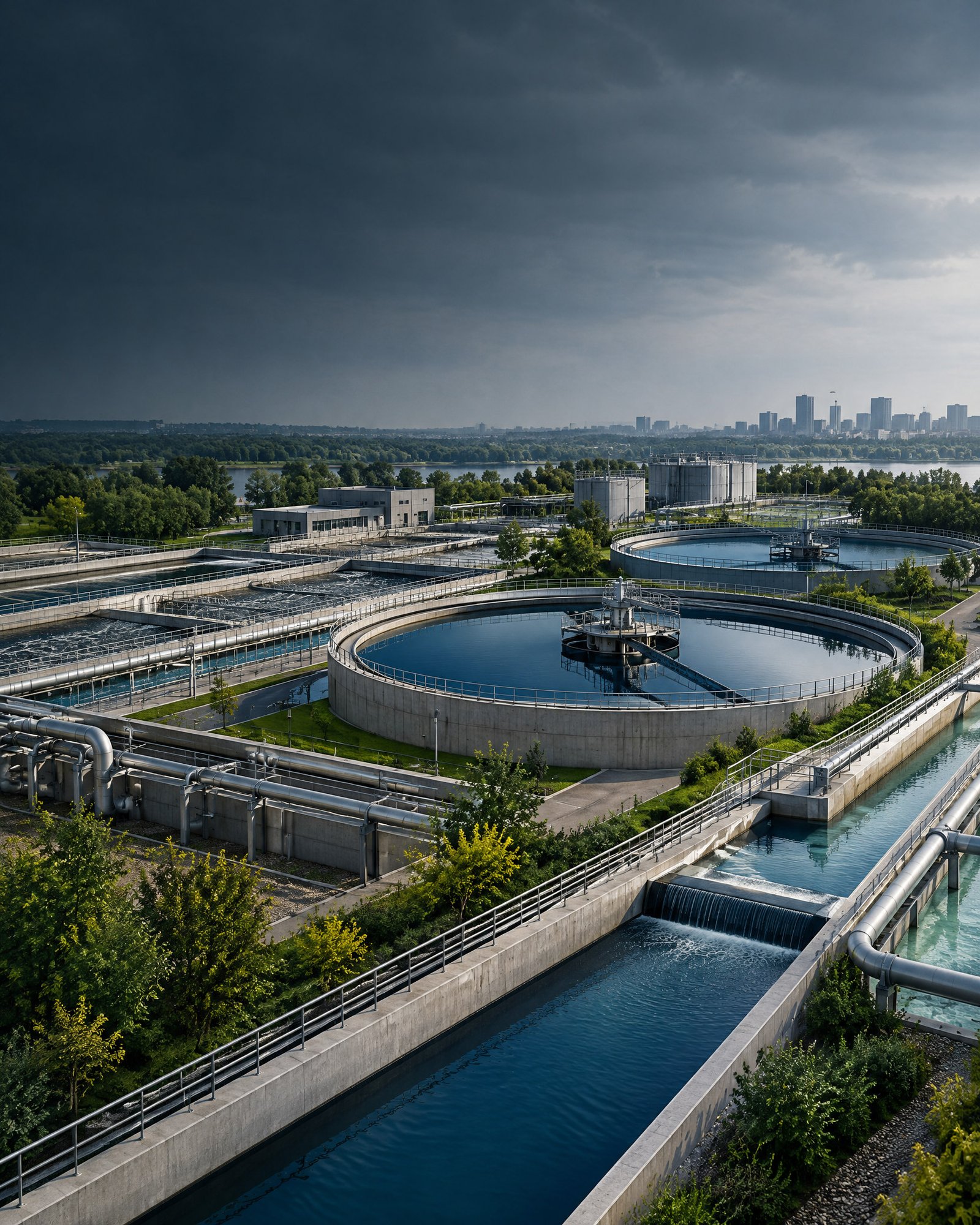 Editorial view of contemporary water-treatment basins, clarifiers and controlled water channels under soft overcast light