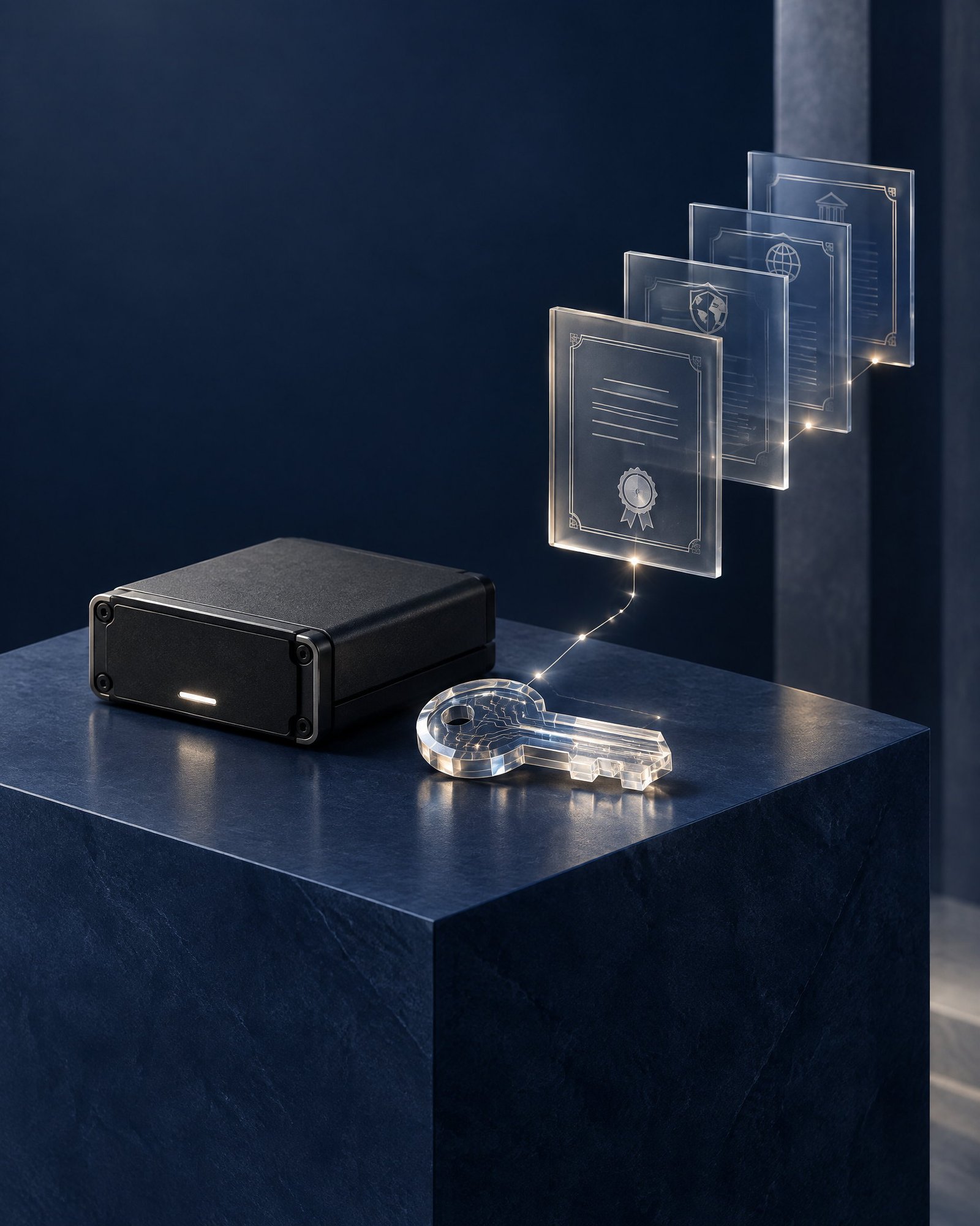 Abstract cryptographic key form and translucent certificate panels on a dark indigo plinth.