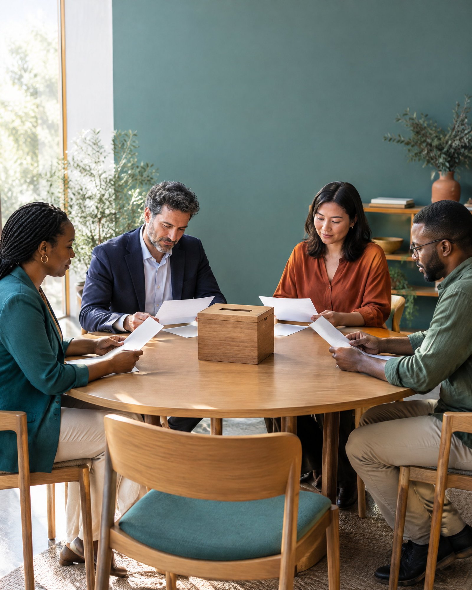 Adult members gathered around a circular table in a light-filled community enterprise setting.