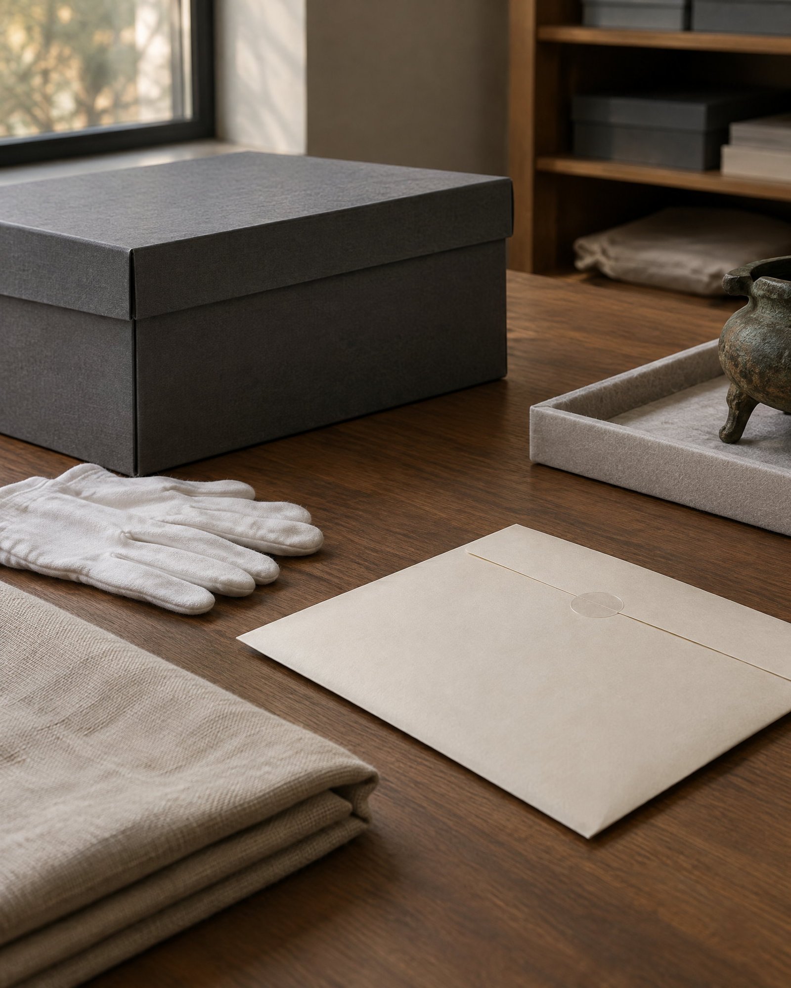 Archival box, cotton gloves and an unlabelled aged bronze object on a conservation tray