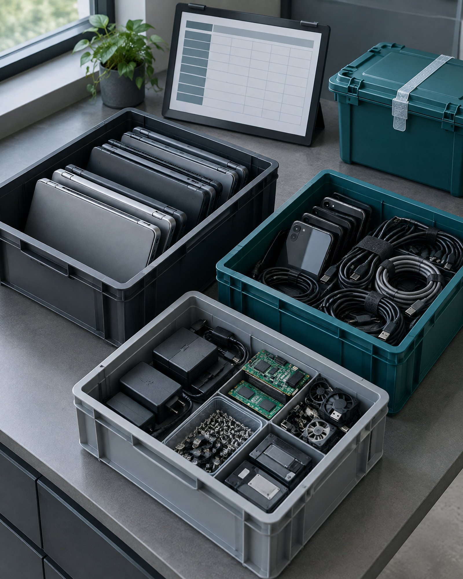 Unbranded retired electronics arranged in reusable collection crates in a reverse-logistics workspace.
