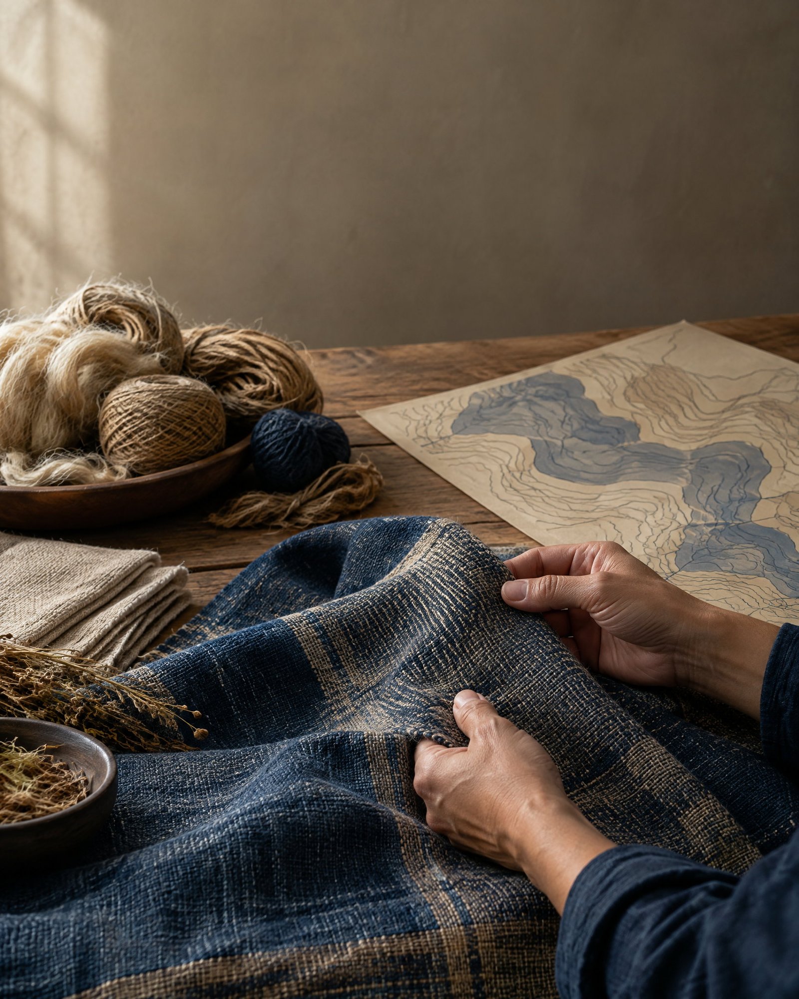 Anonymous artisan hands examining unbranded woven textile and natural fibres on a wooden worktable.