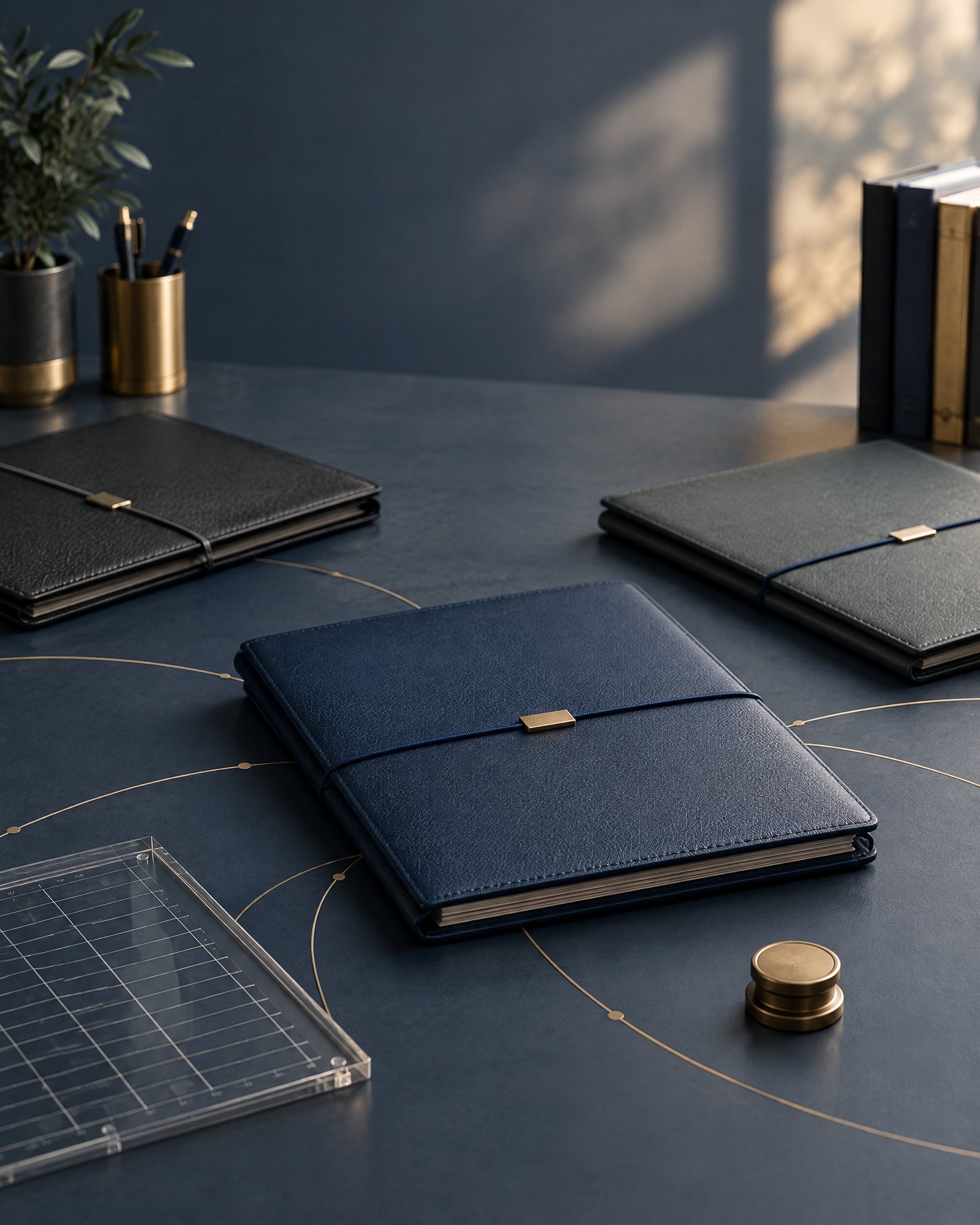 Unbranded compliance folders and a ledger grid arranged on a slate-blue desk.