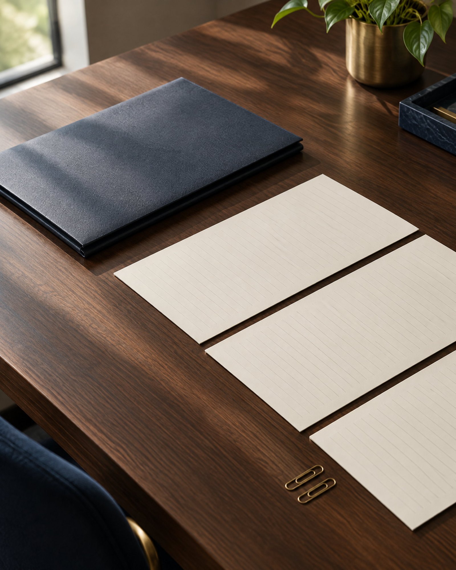 Orderly desk with an unmarked document folder, blank ledger sheets and brass paper clips