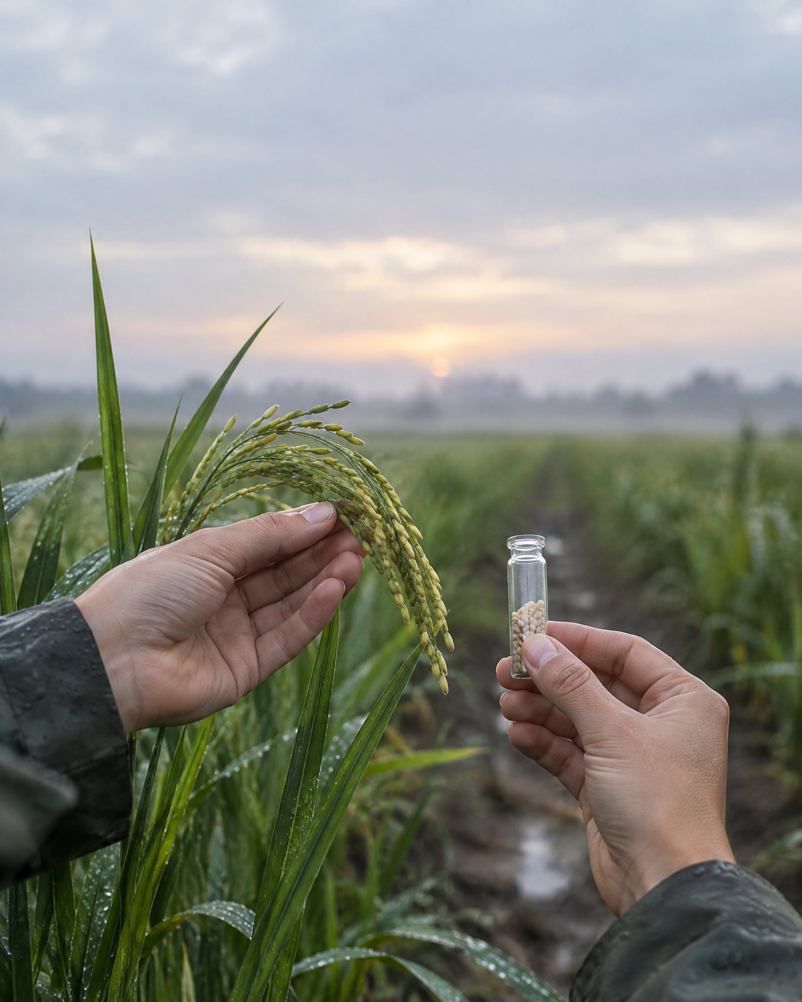 Hands holding a grain panicle and an unmarked seed vial beside a rain-fresh crop plot.