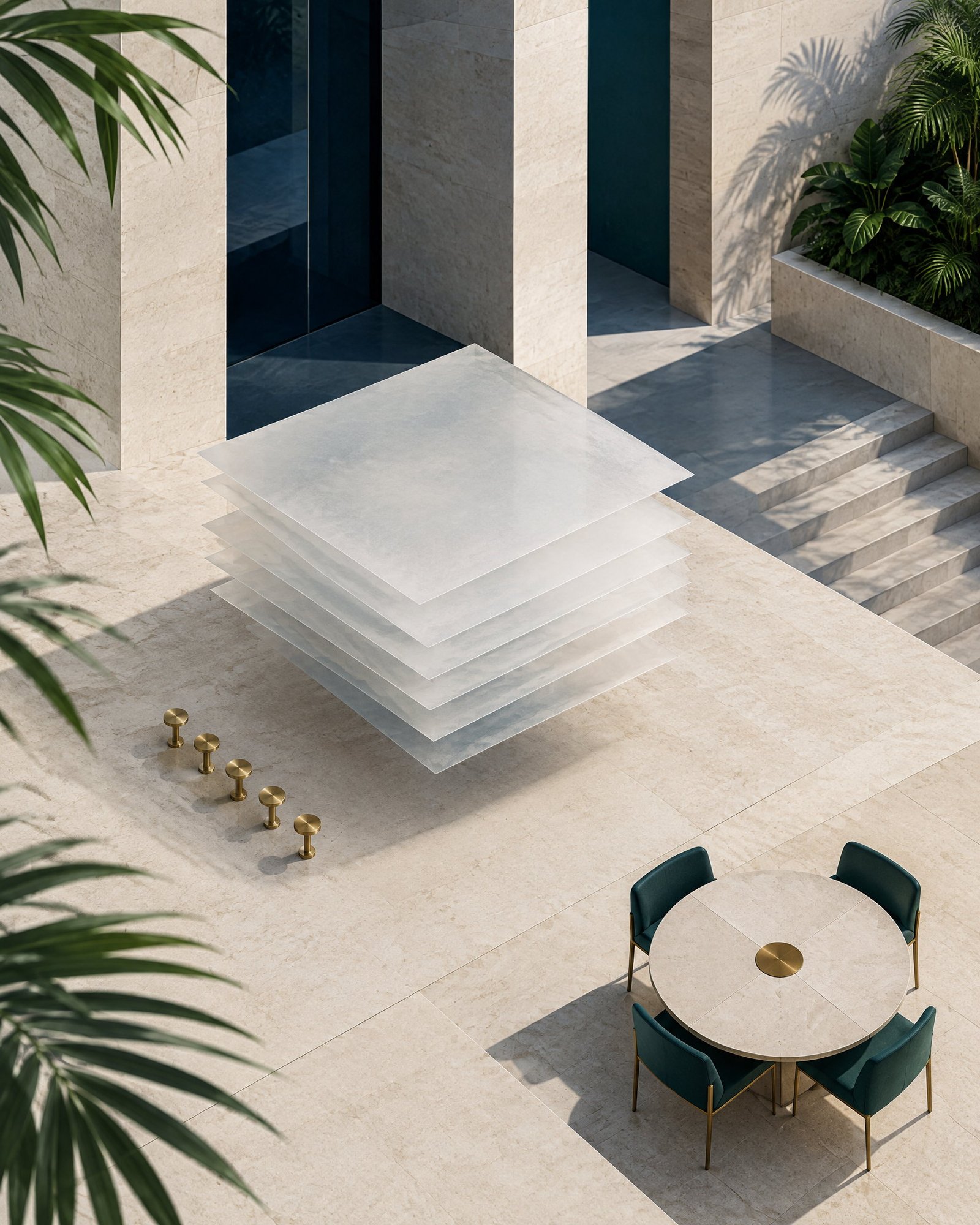 No-text abstract campus façade with blank vellum sheets and a geometric meeting table.