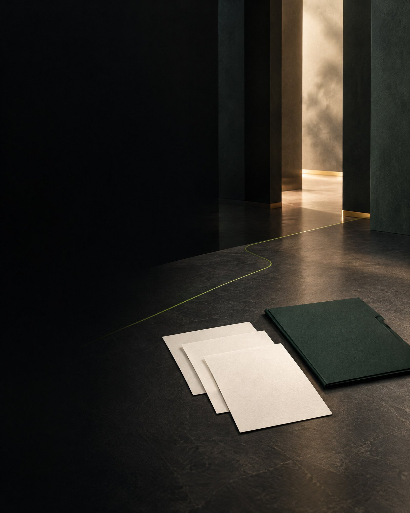 Abstract dark-green file folder and blank papers on a stone desk facing a softly lit architectural threshold.