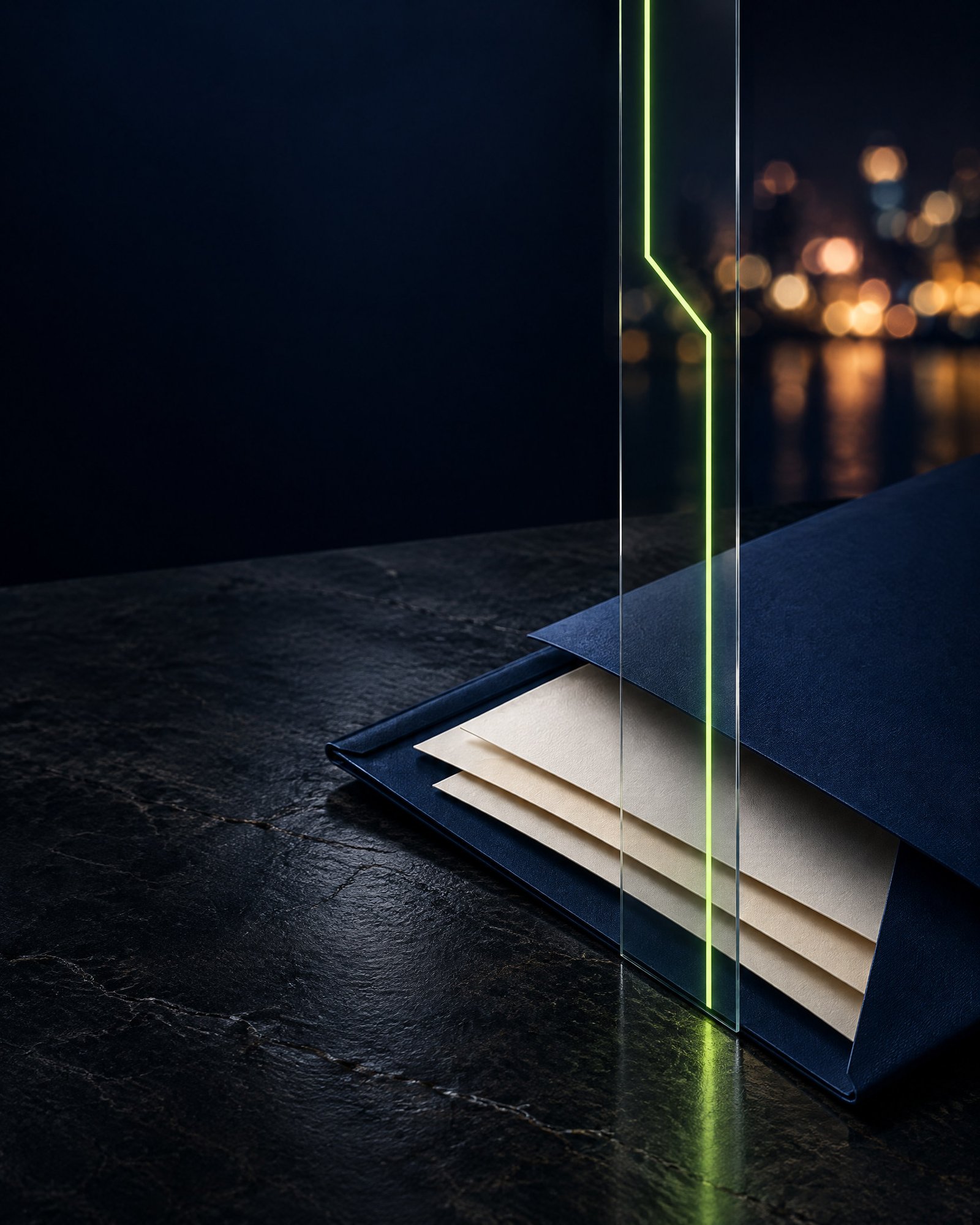 Layered unmarked papers in a navy folder beside a lime line within a clear divider on a dark stone surface.