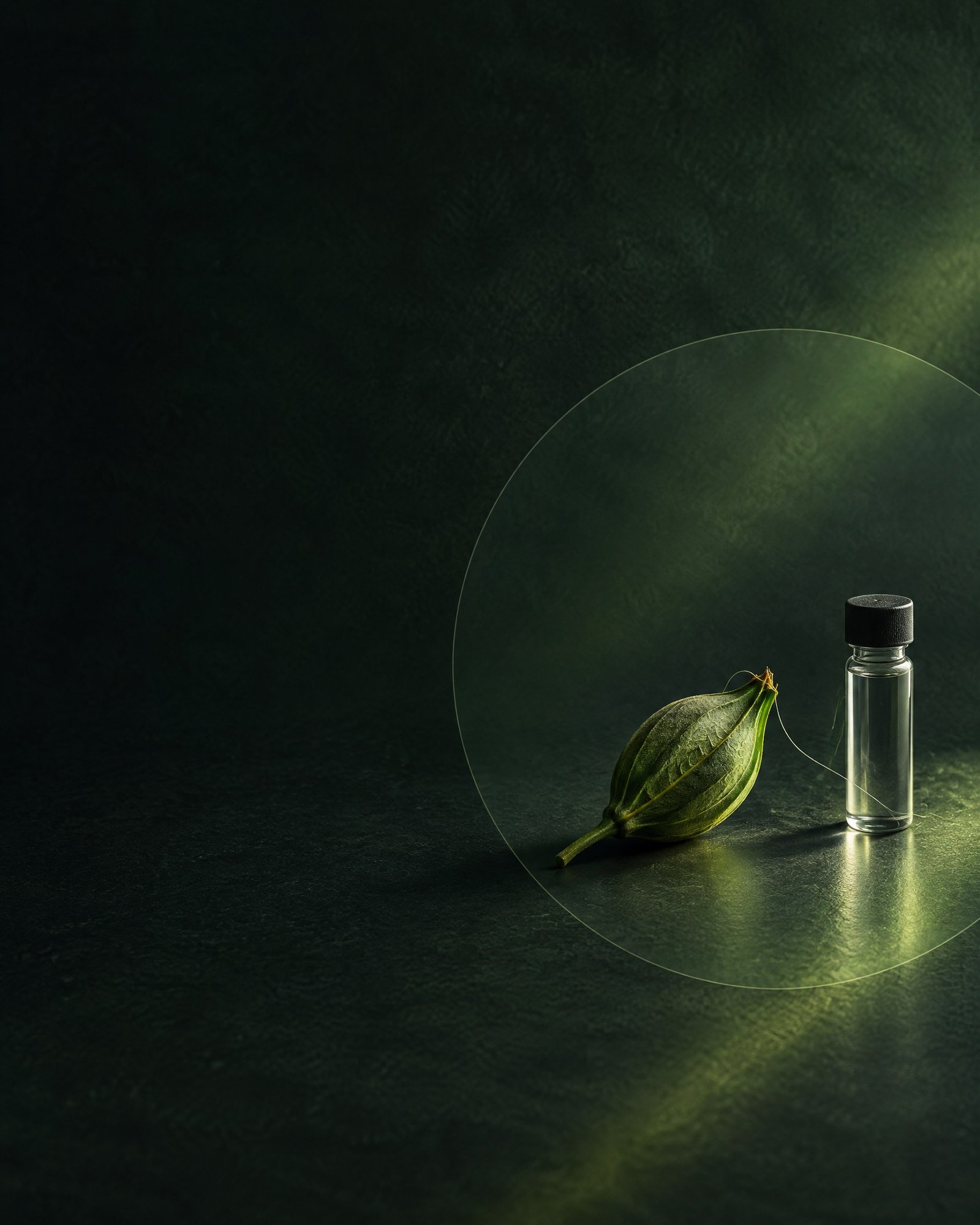 An unlabelled botanical specimen and clear vial on a dark green editorial surface, connected by a fine tracing thread.