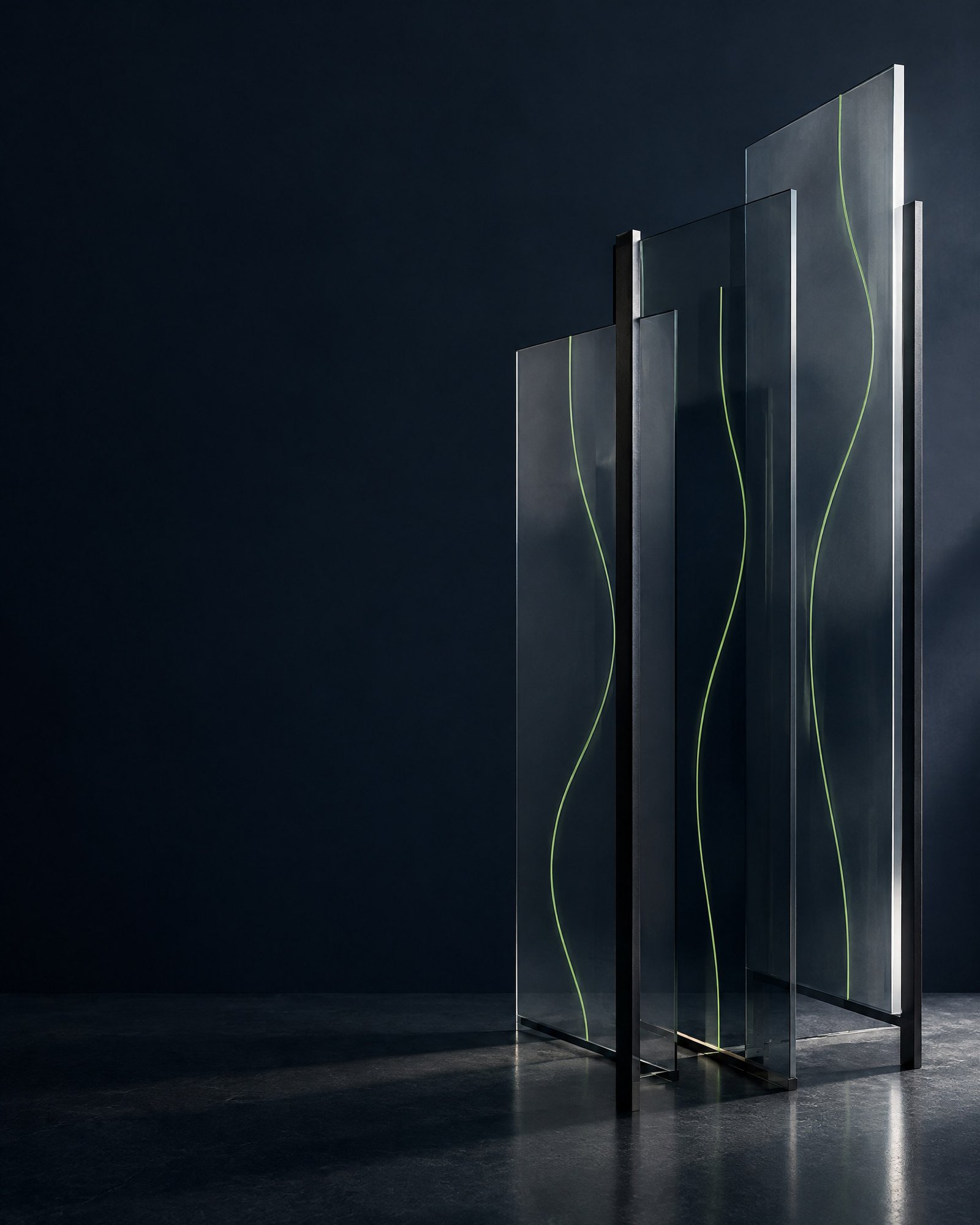 Abstract translucent glass planes in dark metal frames with fine lime lines against a deep navy background.