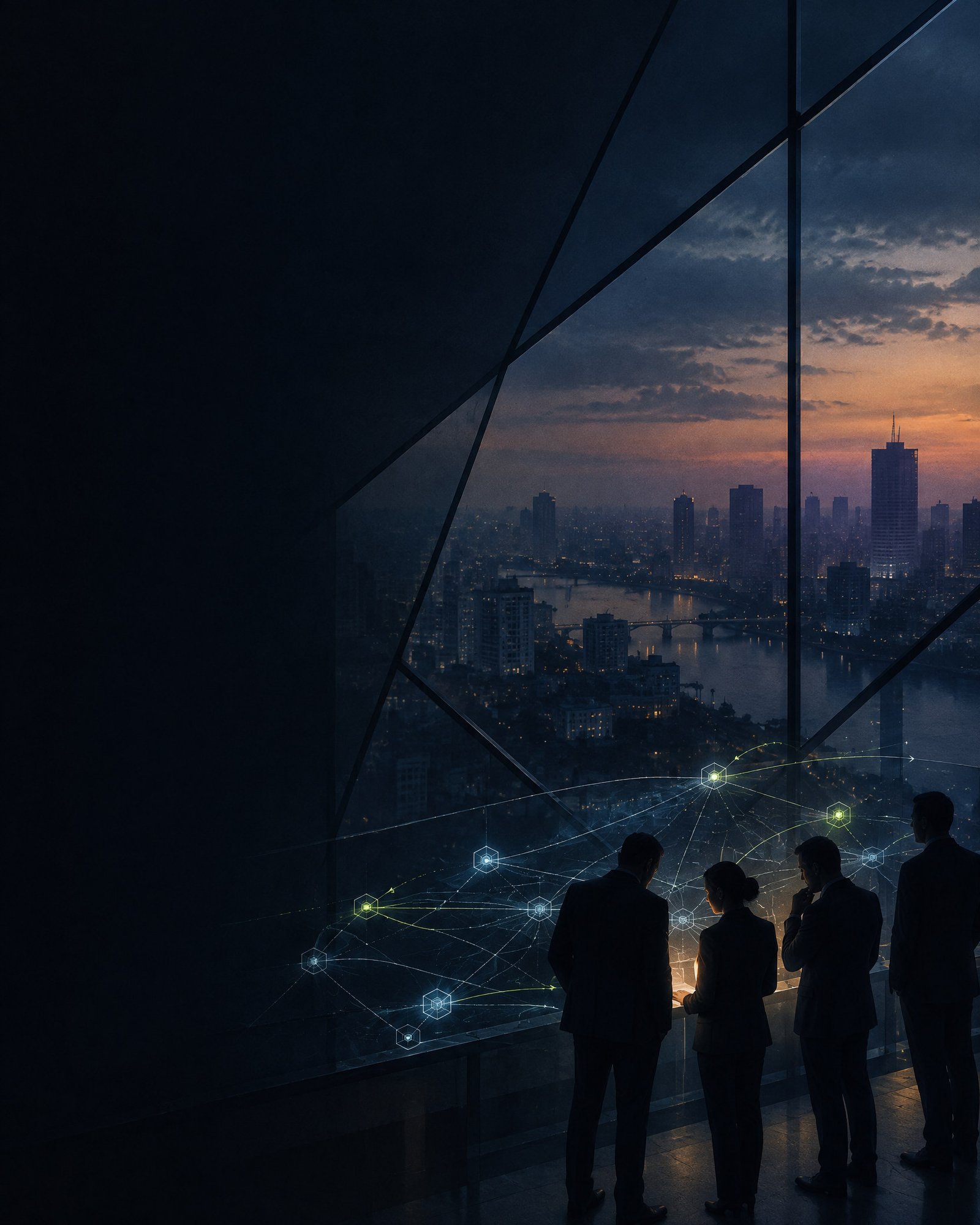 Abstracted dusk city geometry with silhouettes around a luminous network.