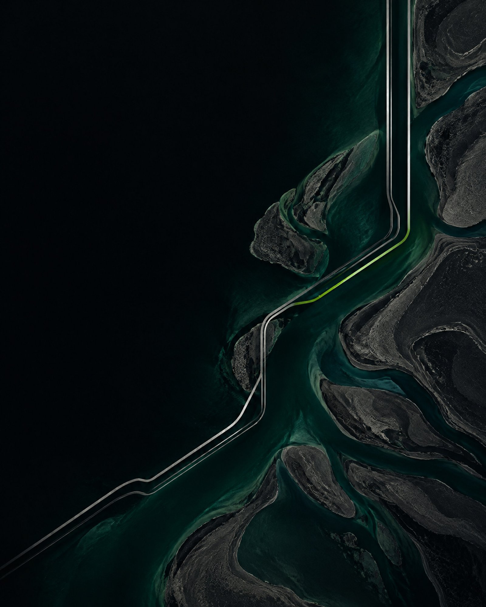 Abstract dark water-channel contours intersected by fine metallic route lines.