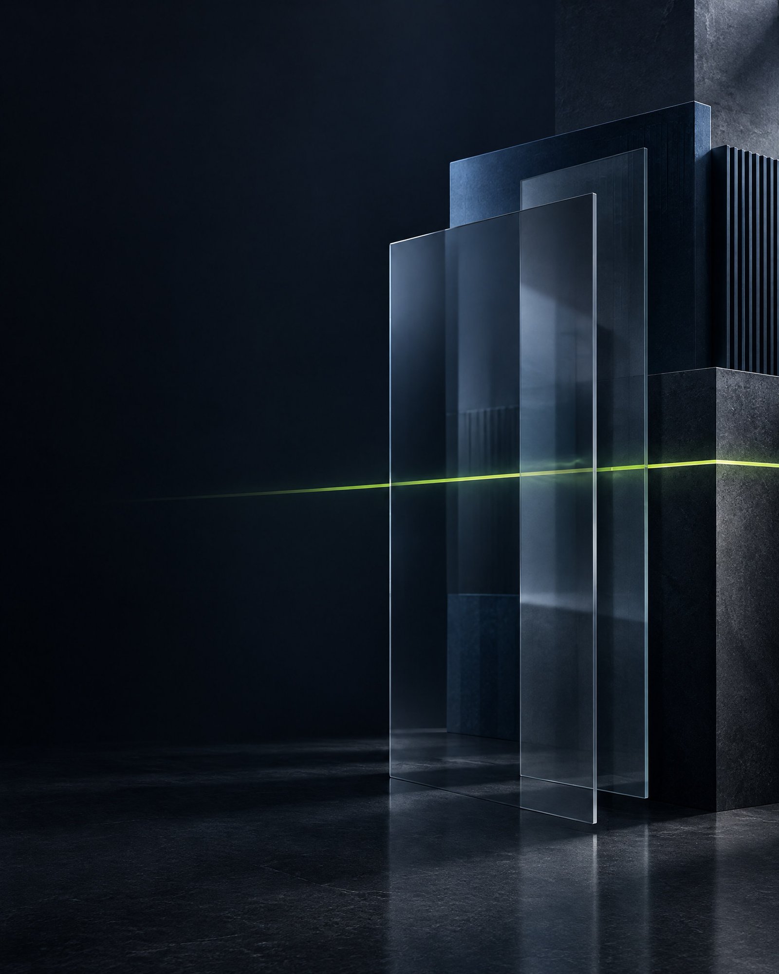 Abstract dark architectural grid with translucent panels and a restrained lime line.
