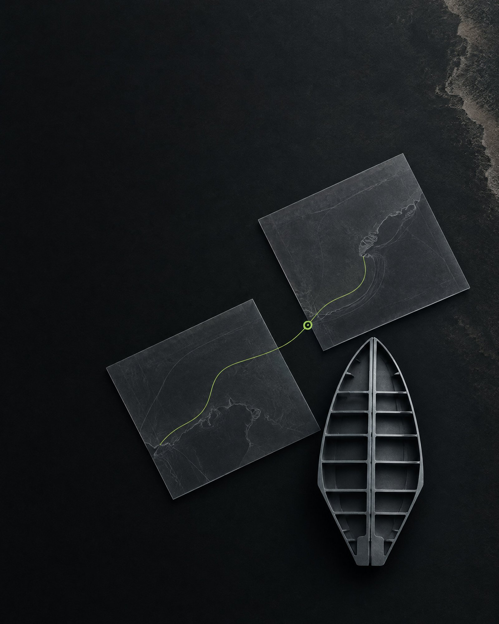 Abstract steel-grey vessel form, layered unmarked plan sheets and a fine lime connection line on a dark background.