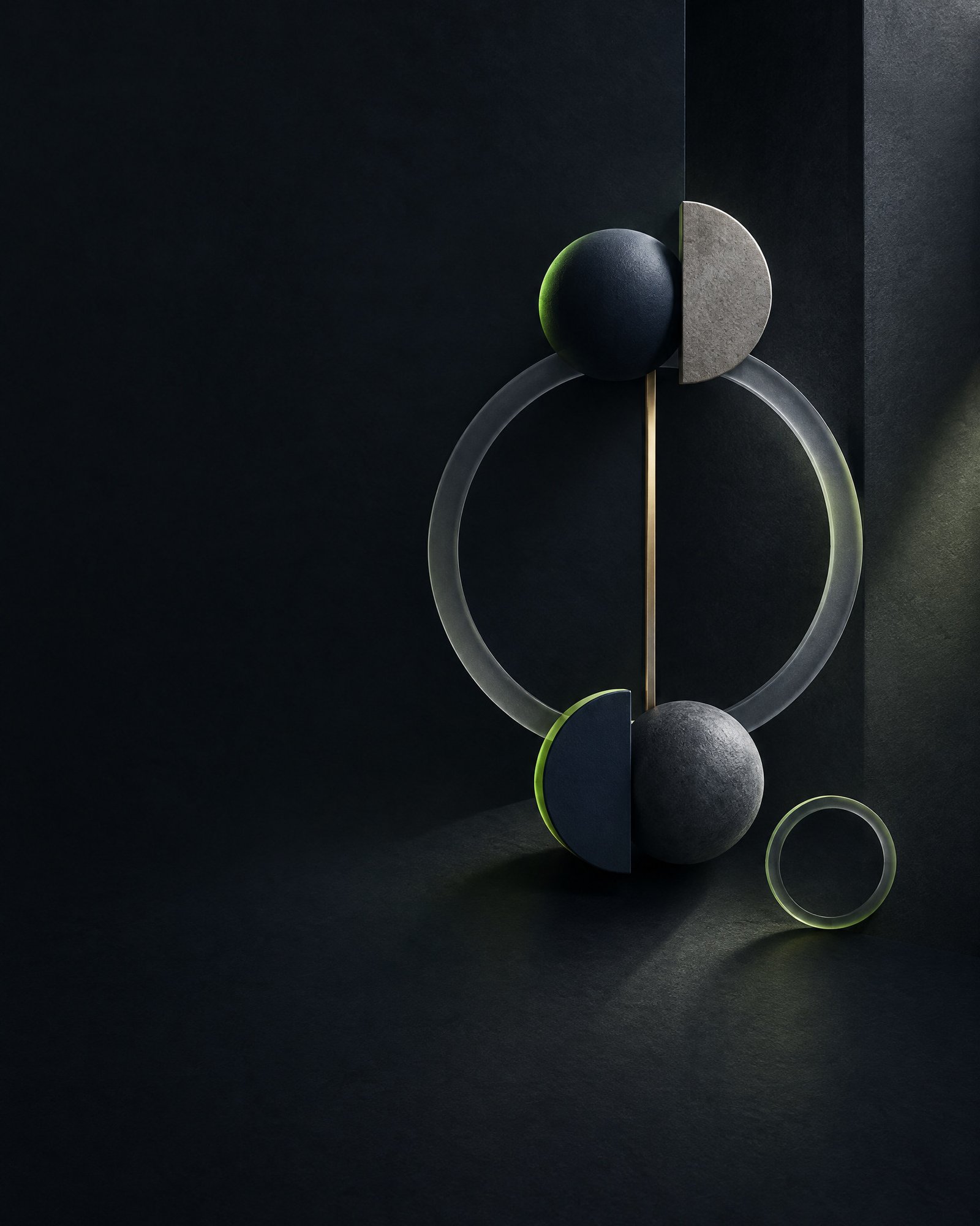 Abstract paired matte forms and translucent rings on a dark background, connected by a slim lime and warm-metal accent.