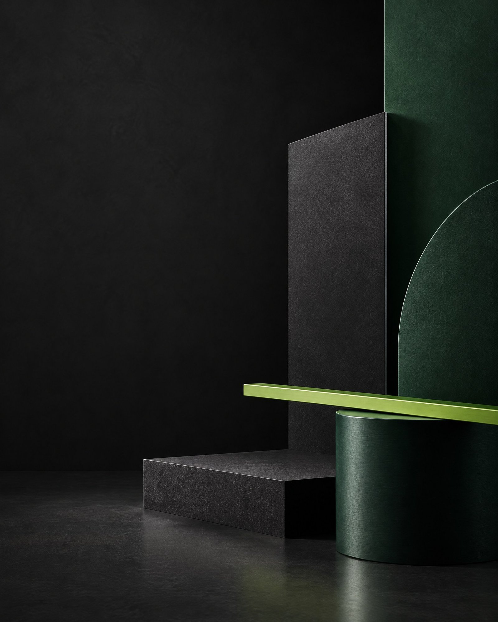 Abstract charcoal and forest-green structural forms with a slim lime accent against a dark background.