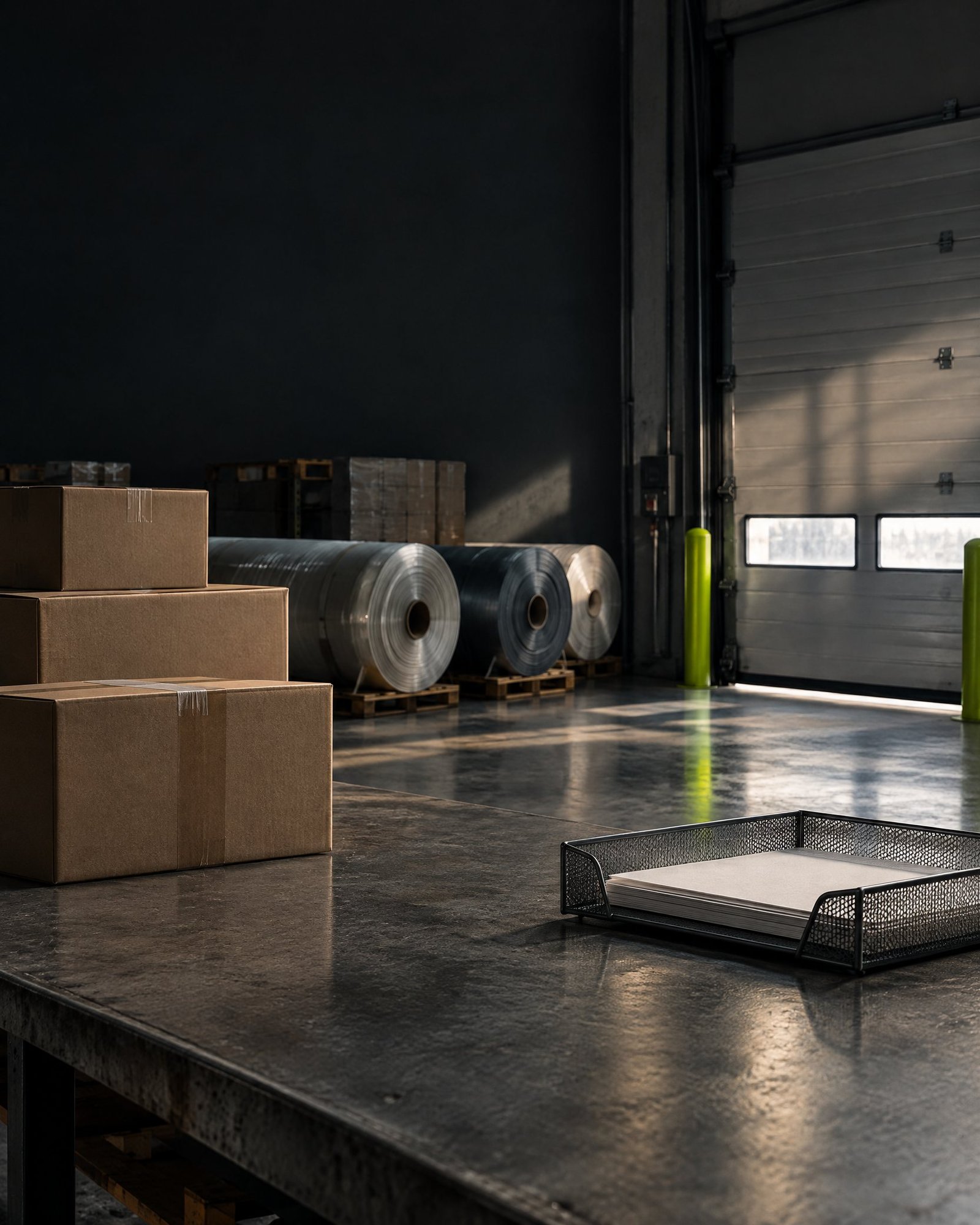 Unbranded warehouse threshold with industrial materials and a document tray in dark editorial light.