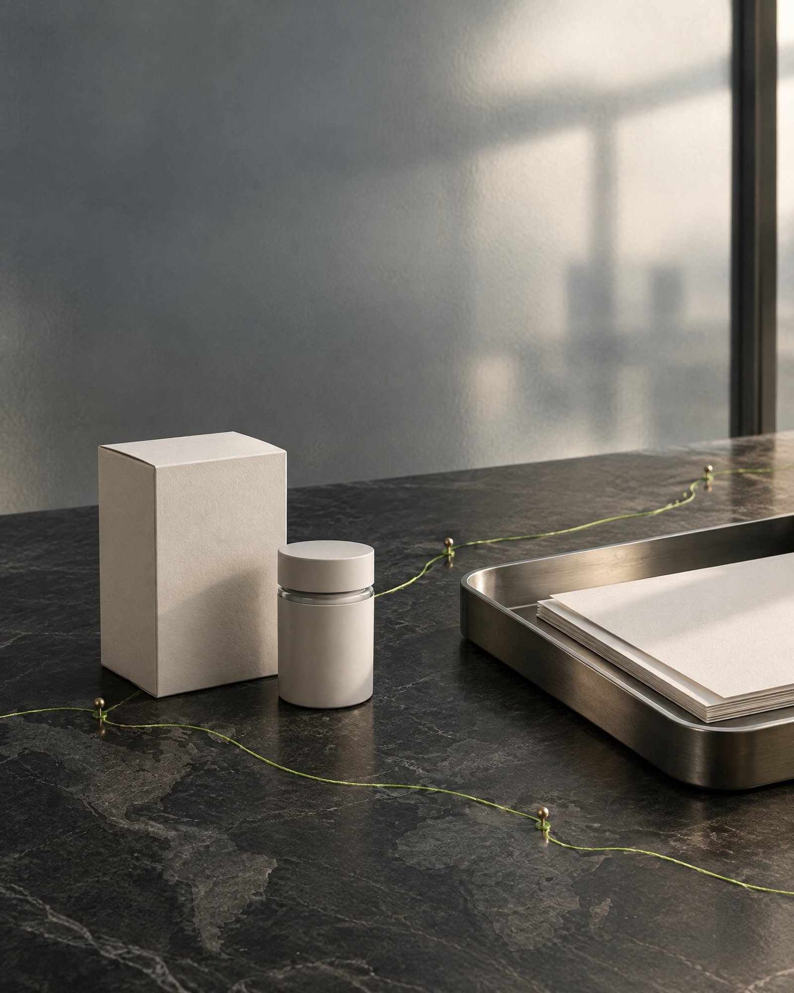 Unbranded product packaging and a sealed sample container beside blank papers on a dark table.