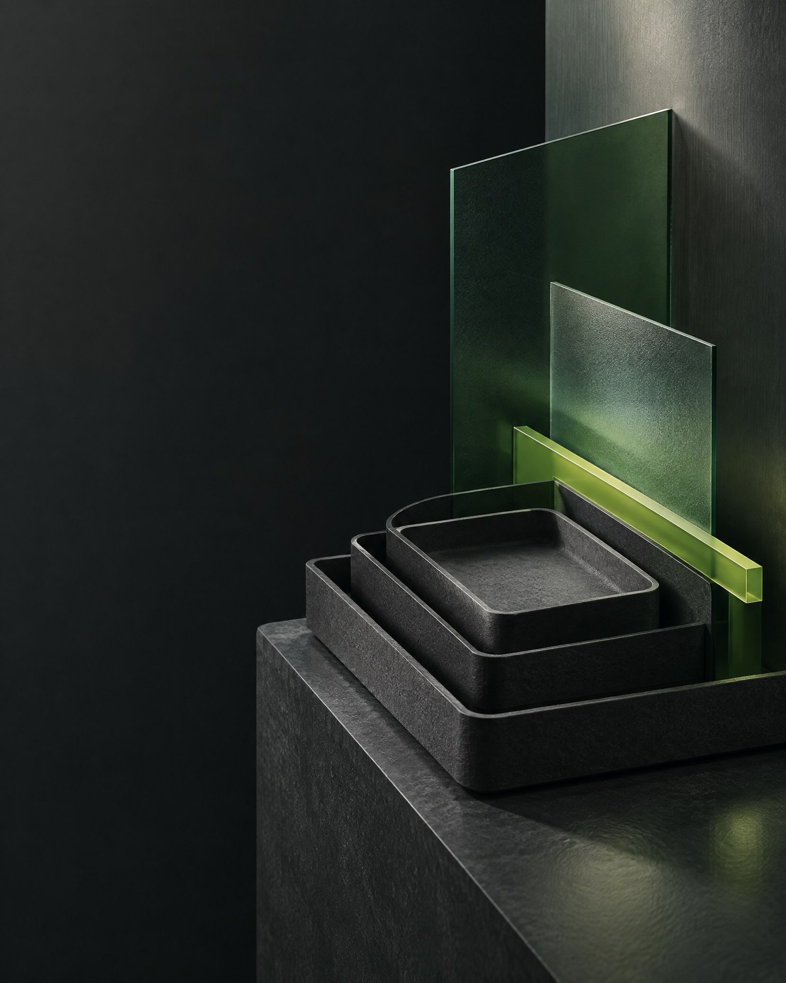 Abstract charcoal and forest-green layered forms with a slim lime accent, arranged like a controlled flow.