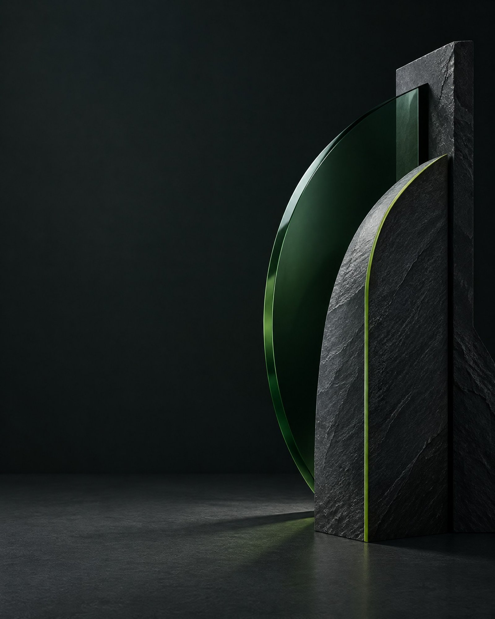 Abstract charcoal slate, forest glass and lime-edged sculptural forms in a dark editorial composition.