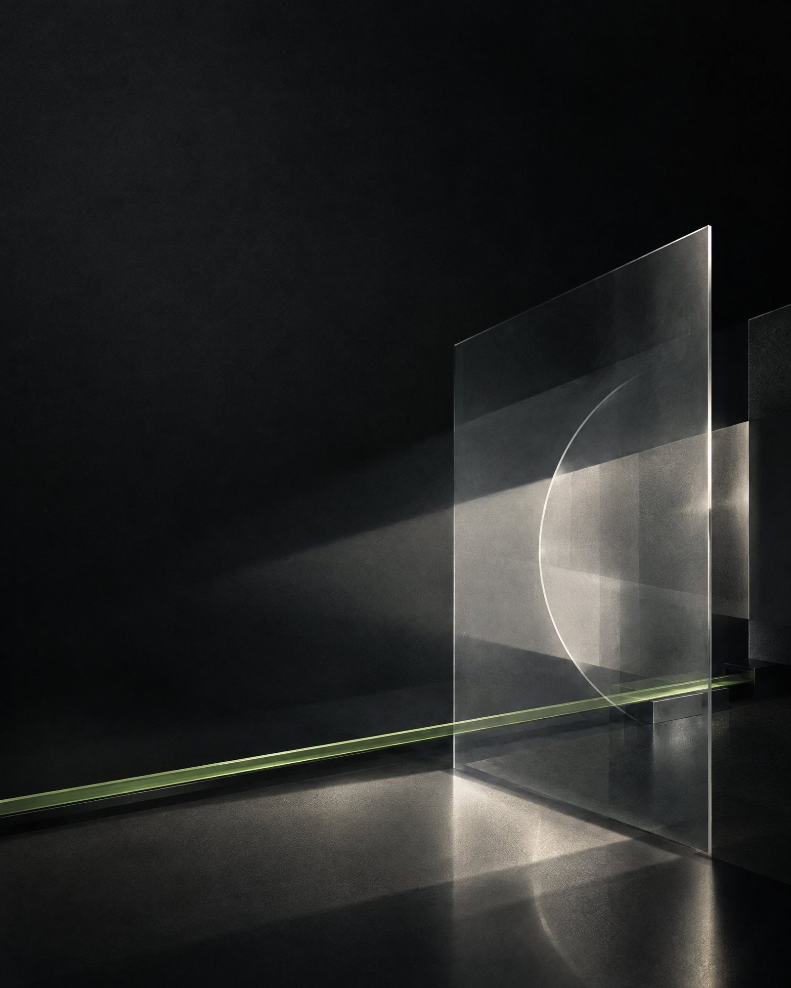 Abstract smoked-glass and luminous geometry on a dark background with a restrained lime directional accent.