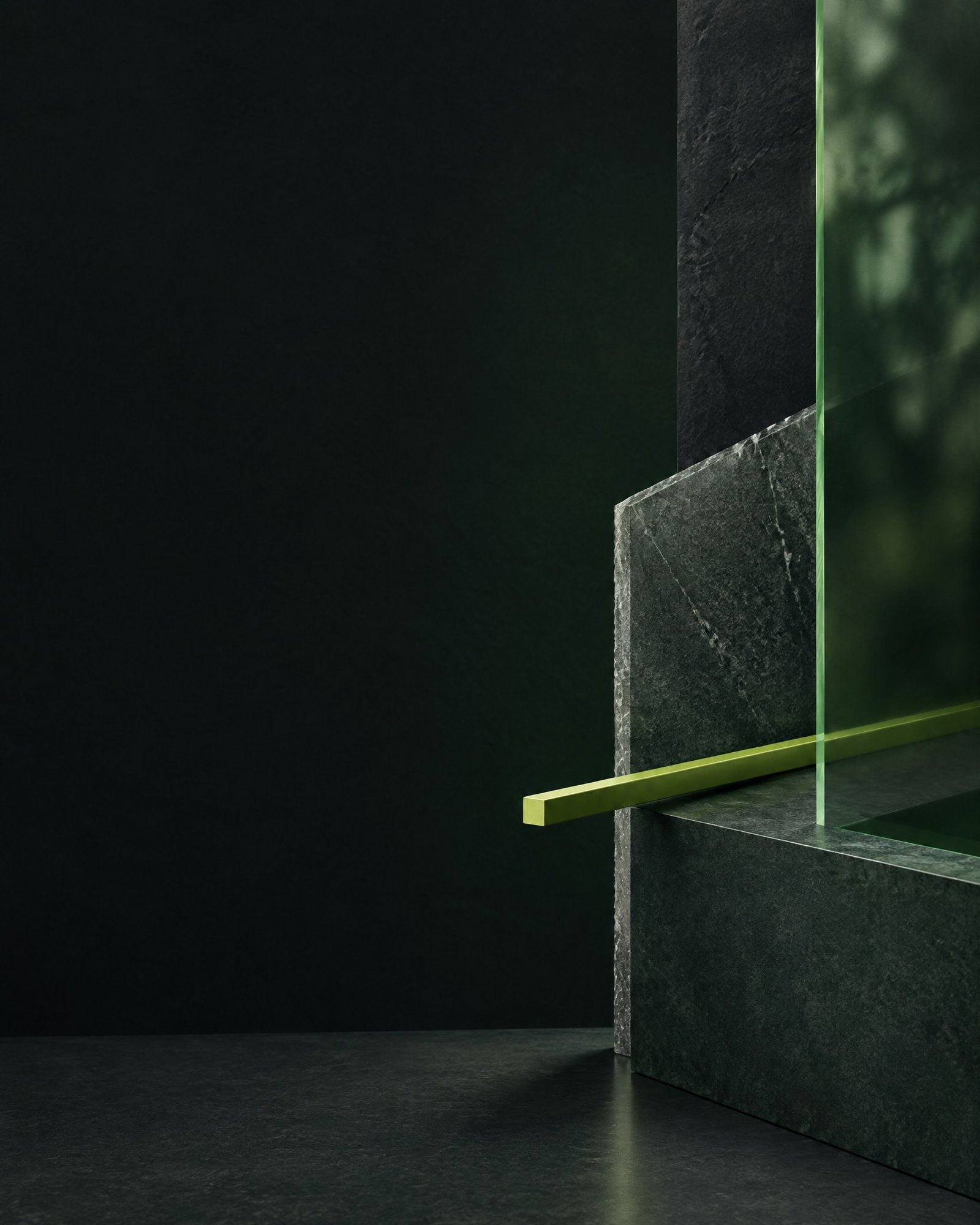 Abstract charcoal and forest-glass planes with a restrained lime rail against a dark textured ground.